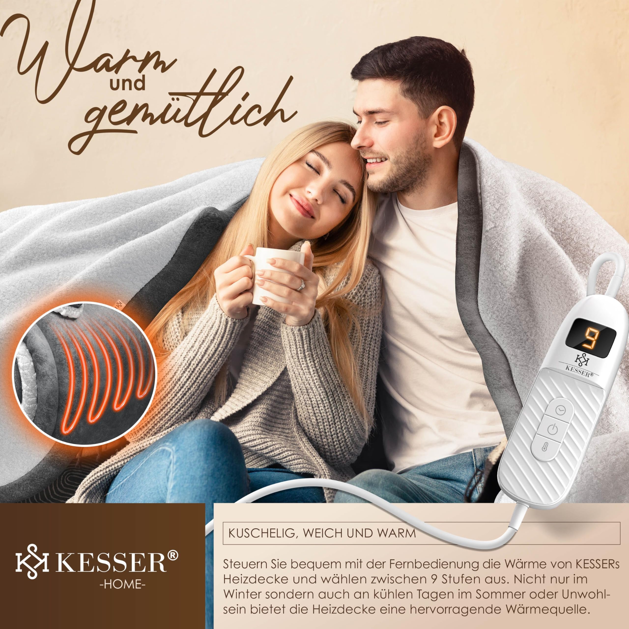 KESSER® Heizdecke mit Abschaltautomatik 200x180cm Doppelseitig Elektrische Wärmedecke | Kuscheldecke Bett, Sofa | 9 Temperaturstufen | waschbar bis 40°C | mit Timer Digitalanzeige Anthrazit