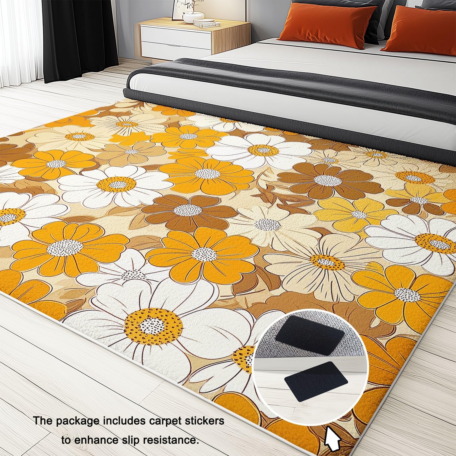 Tapis Couloir Long Moderne Motif Fleurs De Mode Vintage, Orange Blanc Tapis de Passage À Poil Court Doux, Tapis de Couloir, Antidérapant Et Lavable, Tapis Salon Chambre Adulte 80 x 150 cm