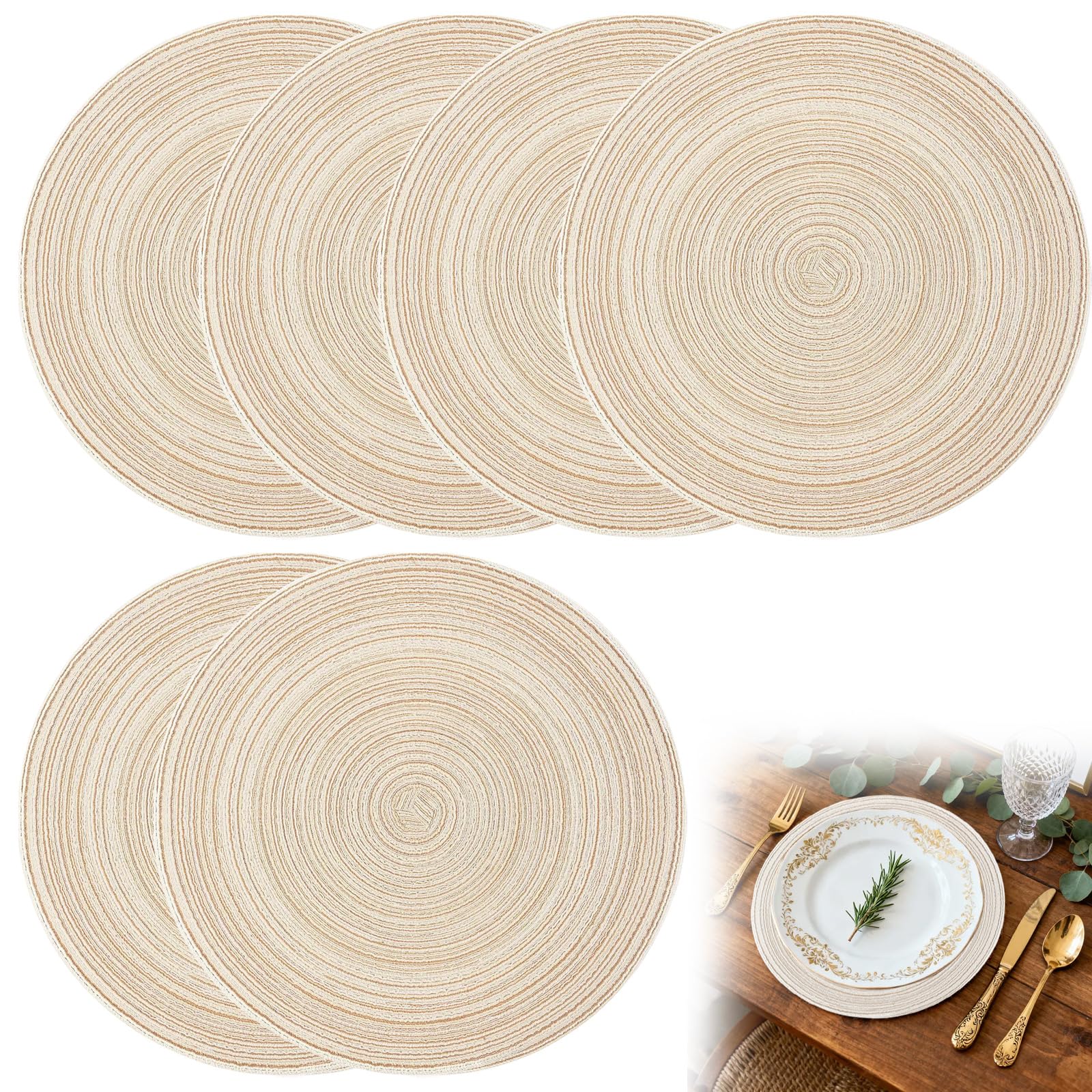 Aiyraa Set of 6 Round Beige Woven Placemats – 30cm Cream Place mats, Heat Resistant, Non-slip & Washable Braided Table Plate Mat for Dining Table, Indoor & Outdoor Party
