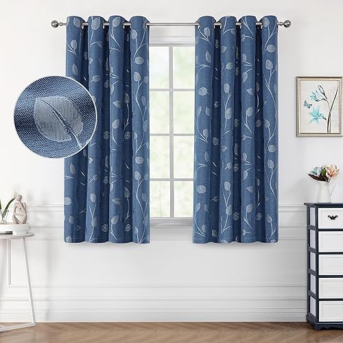 WEST LAKE Cortinas con patrón de hojas blancas de 63 pulgadas de largo, lino texturizado con textura de ramas filtrantes de luz, jacquard con ojales