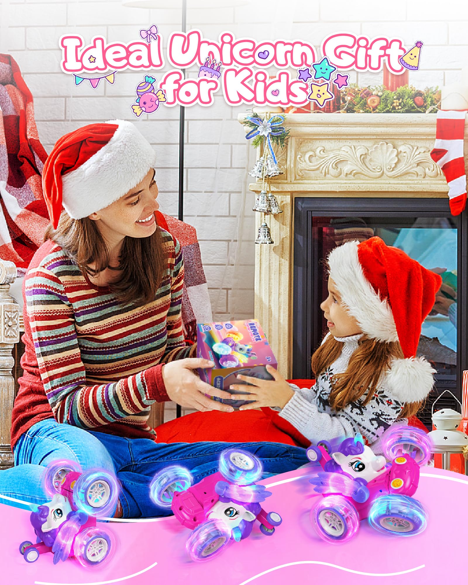 Kiztoys Voiture Telecommandé Fille 3 Ans - Licorne Jouet RC Stunt Car avec éclairage LED, Rechargeable Licorne Voiture RC Radiocommandee Jeux Cadeau Noel pour Enfant Fille 3 4 5 6 Ans