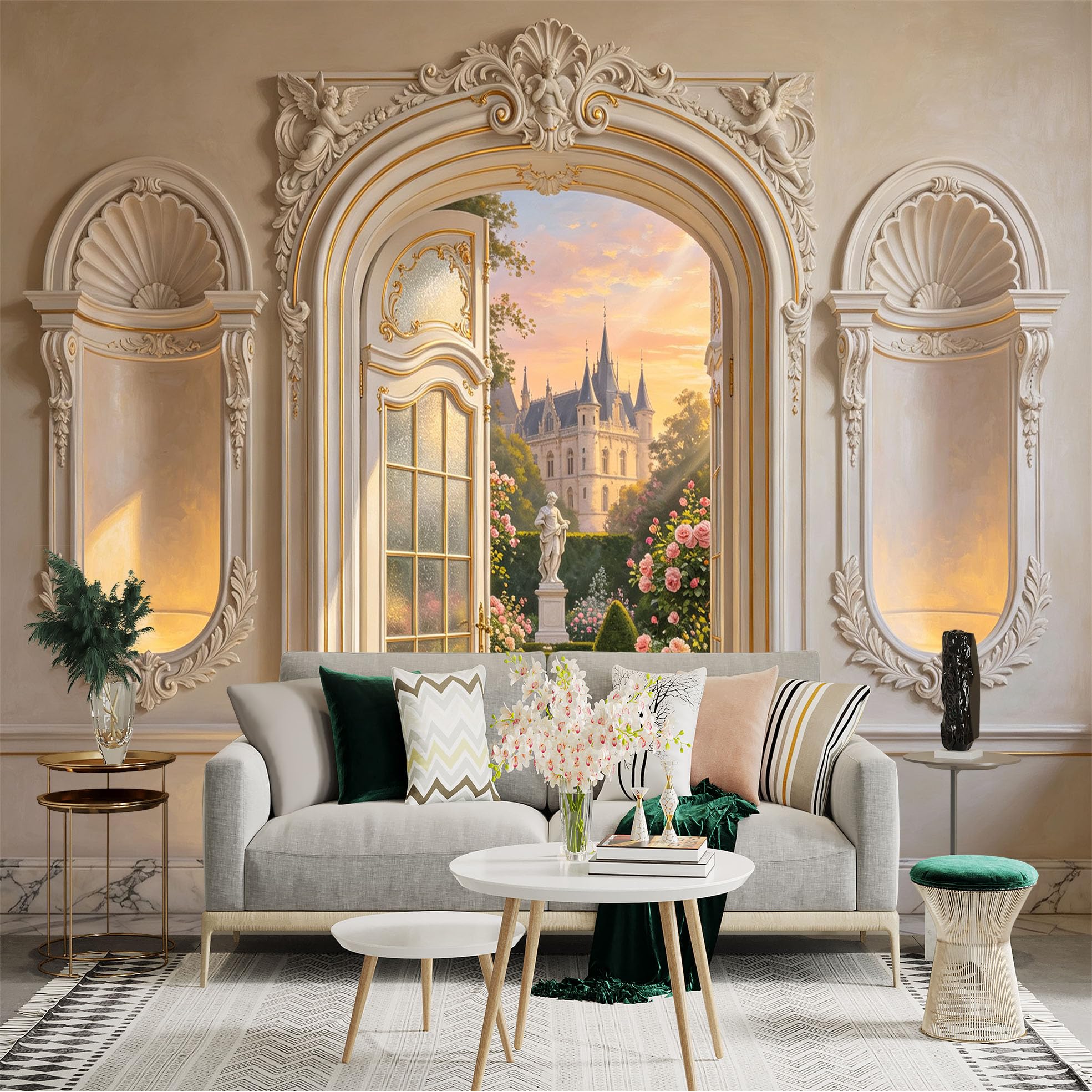 Custom Size Wall Sticker Mural， Elegant Palace Doorway， Rose Garden Path， Classical Arch Interior， Sunset Castle View， for wall Decoration， peelandstick wall Decals.