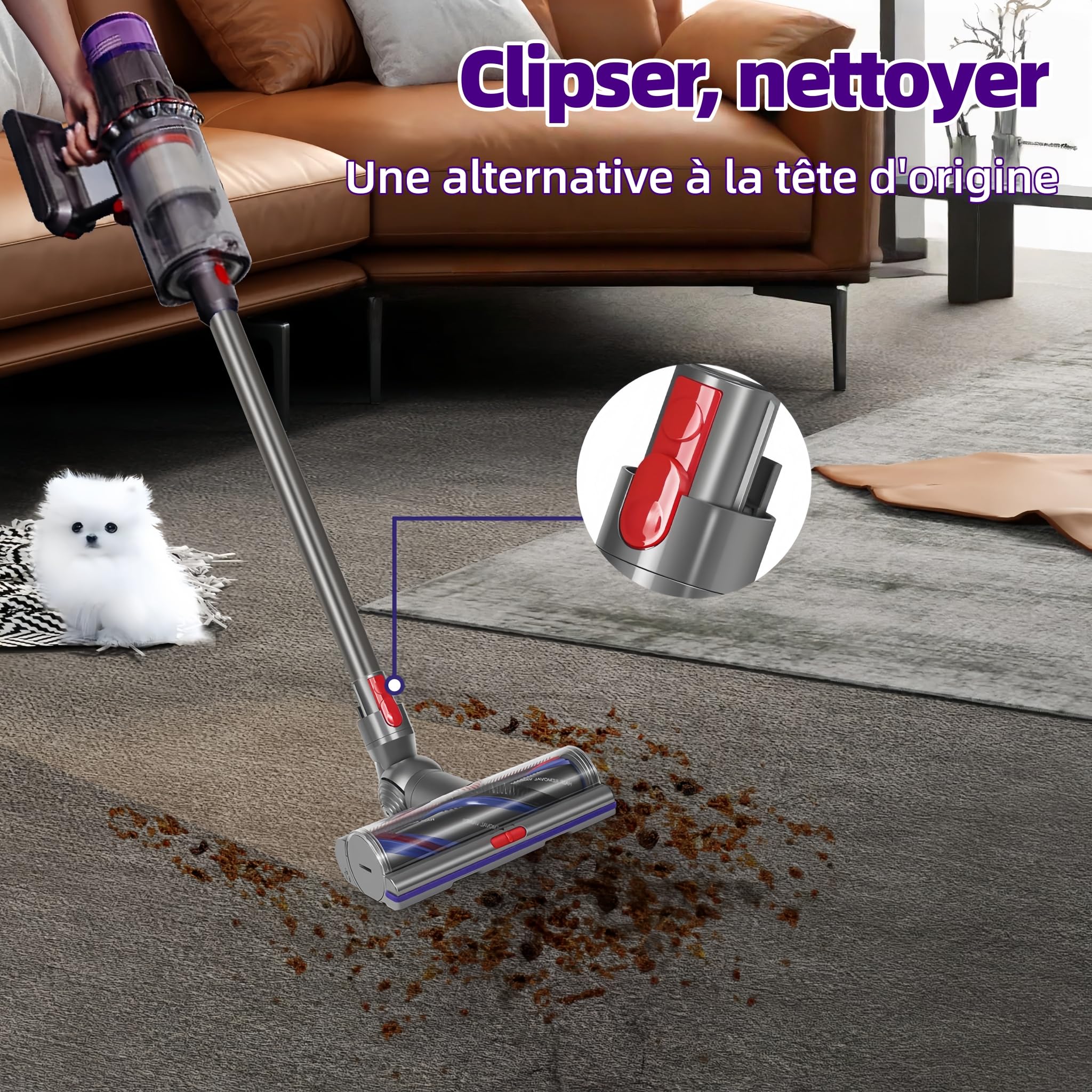 Brosse High Torque Anti-Enchevêtrement Compatible avec Dyson V15 V11 V10 V8 V7 SV14 SV22, Tête d'Aspirateur Motorisée de Rechange, Aspiration Réglable pour Tapis Sols Durs et Poils d'animaux