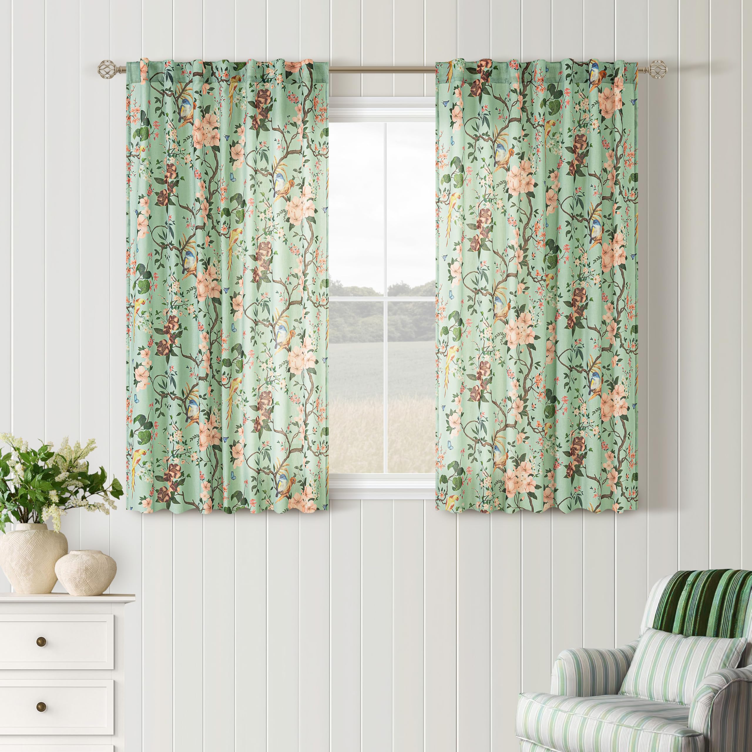 Green Floral Bird Kitchen Linen Curtains Cafe 45 Inch Back Tab 2 Panels | Semi Sheer,Light Filtering,Short Linen,Seafoam Green,Leaf Printed,Window Curtains,Boho Vintage,for Laundry Basement Bathroom