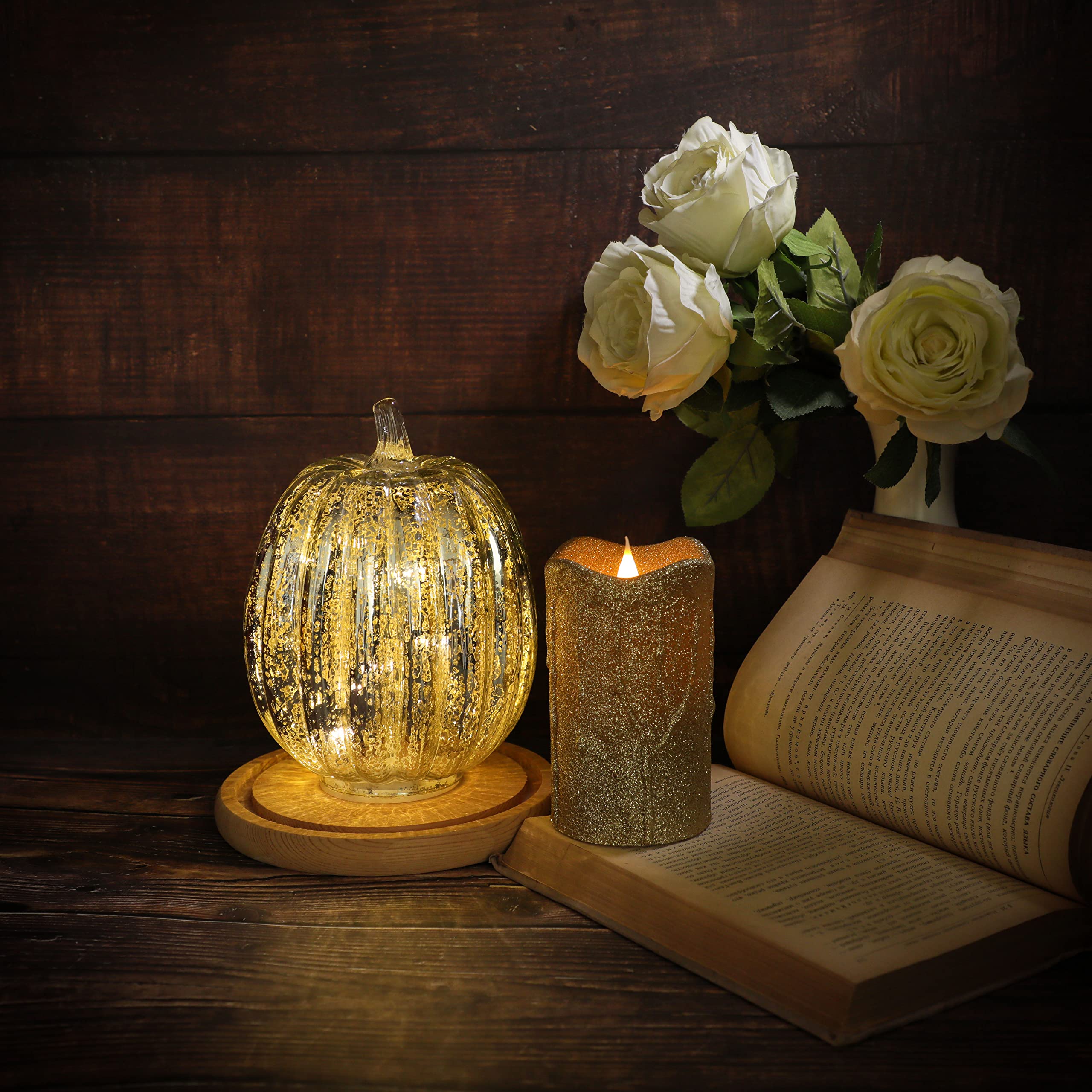 Romingo Mercury Glass Pumpkin Light with Timer for Halloween with Gold Moving Flickering Glitter LED Candle, Silver 7.5''