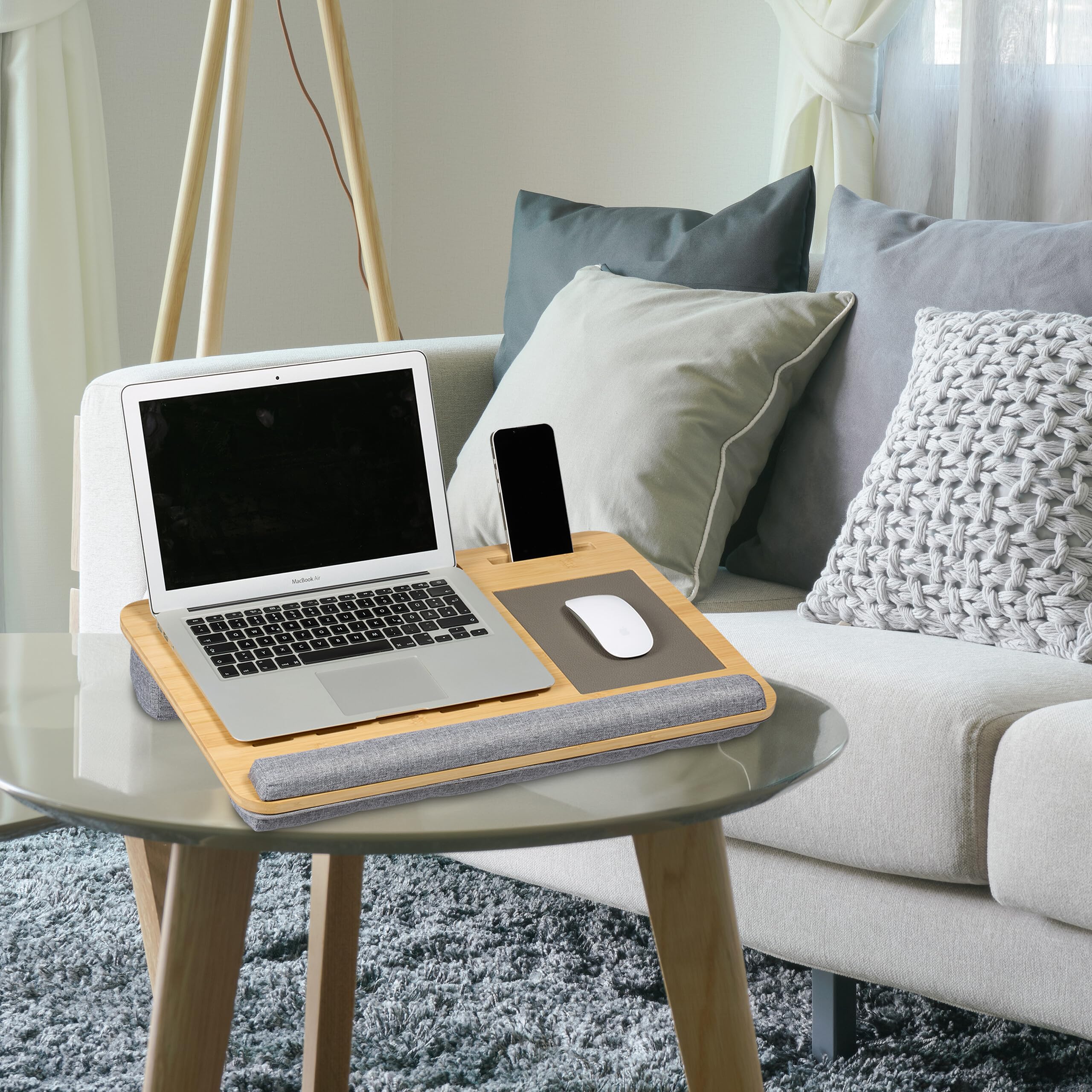 Relaxdays Support pour Ordinateur Portable, en Bambou, Repose-Poignets, H x L x P : 10 x 55,5 x 36 cm, Nature et Gris