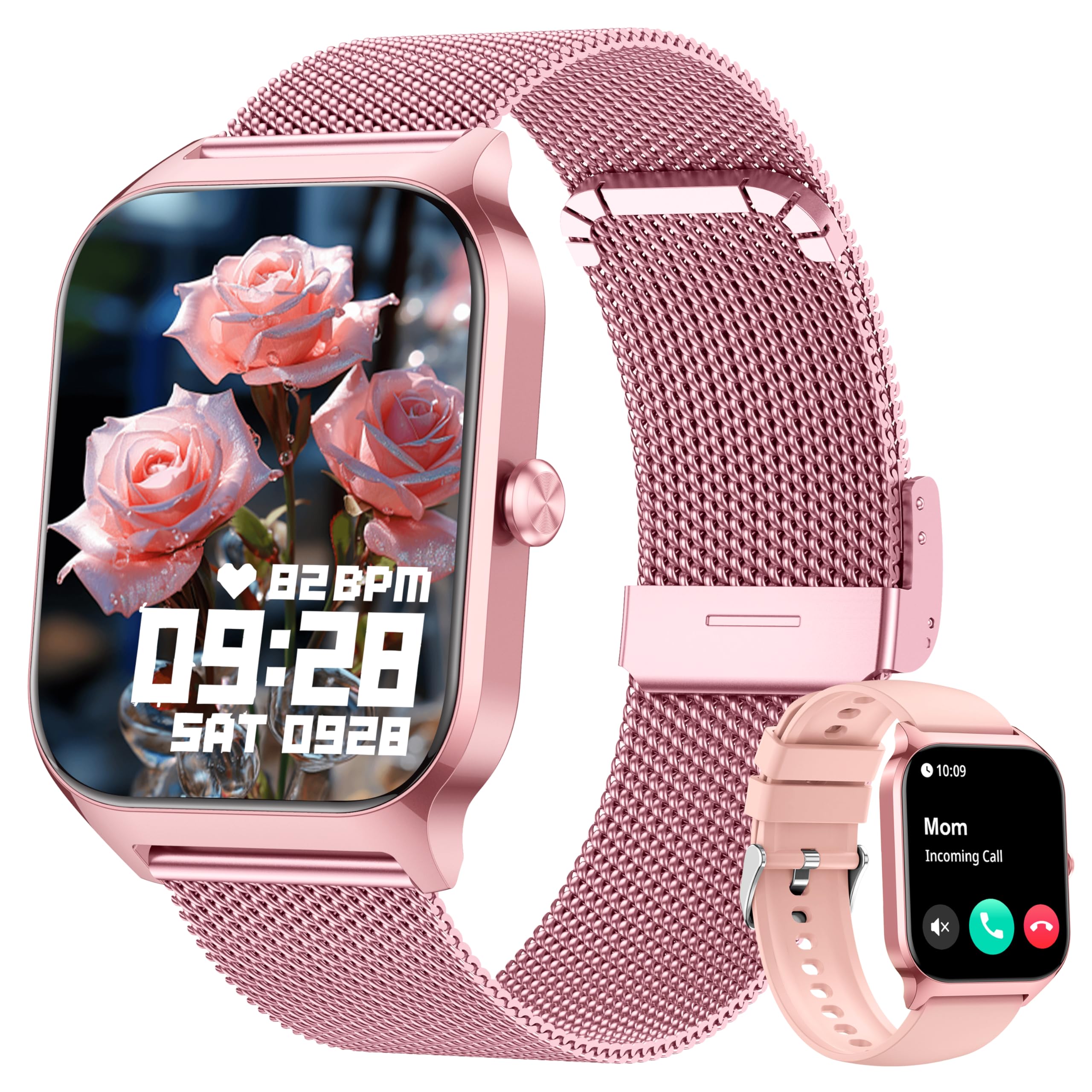 KALINCO 2025 Reloj Inteligente Mujer Hombre, Smartwatch Mujer con Llamadas/Whatsapp/Presión Arterial/Frecuencia Cardíaca/SpO2/Sueño/Estrés, Reloj Despertador Digital para iOS Android Dos Correas