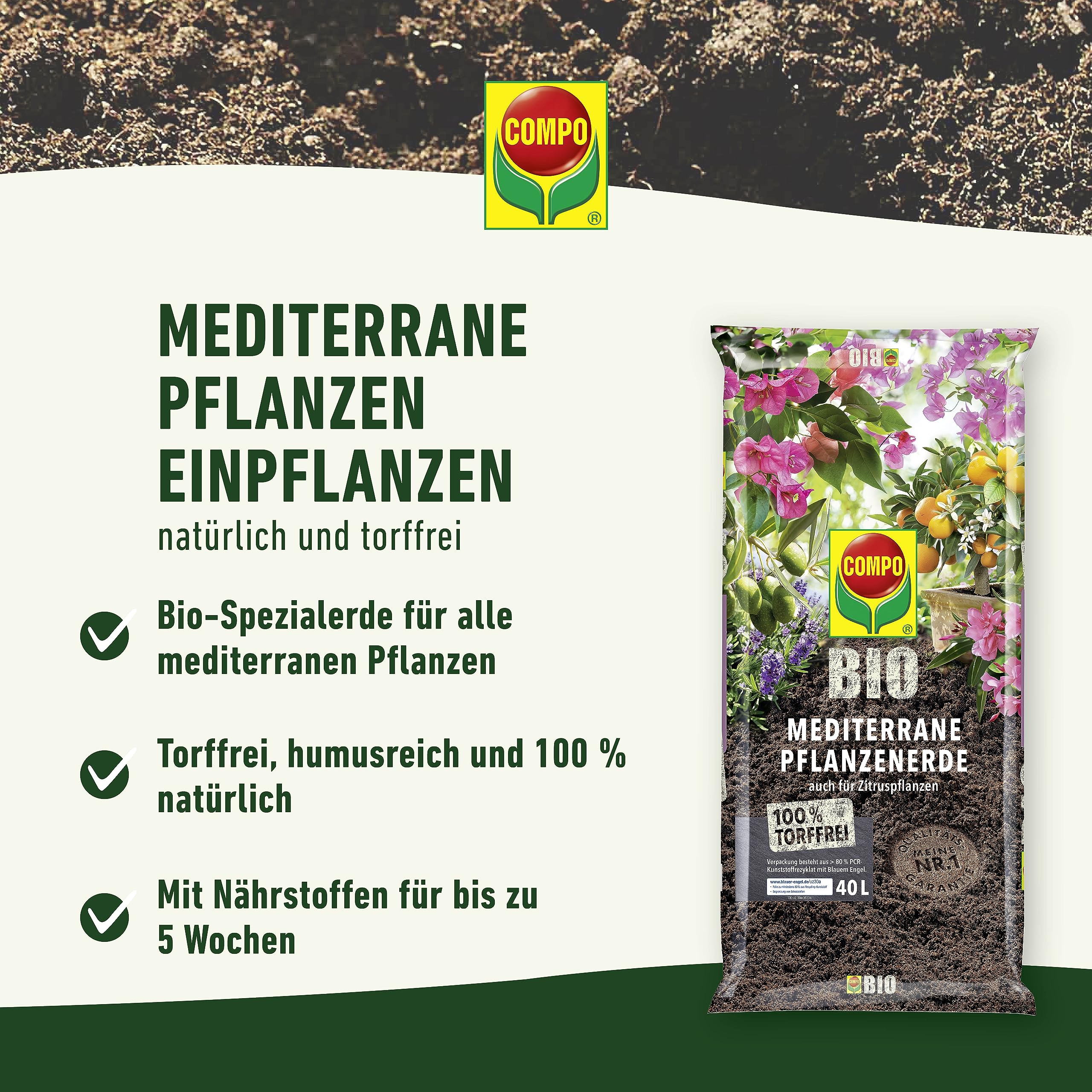 Terreau Bio COMPO Pour Plate-bande Et Serre - Sans Tourbe, 60 Litres, Riche En Humus, Nutrition 5 Semaines