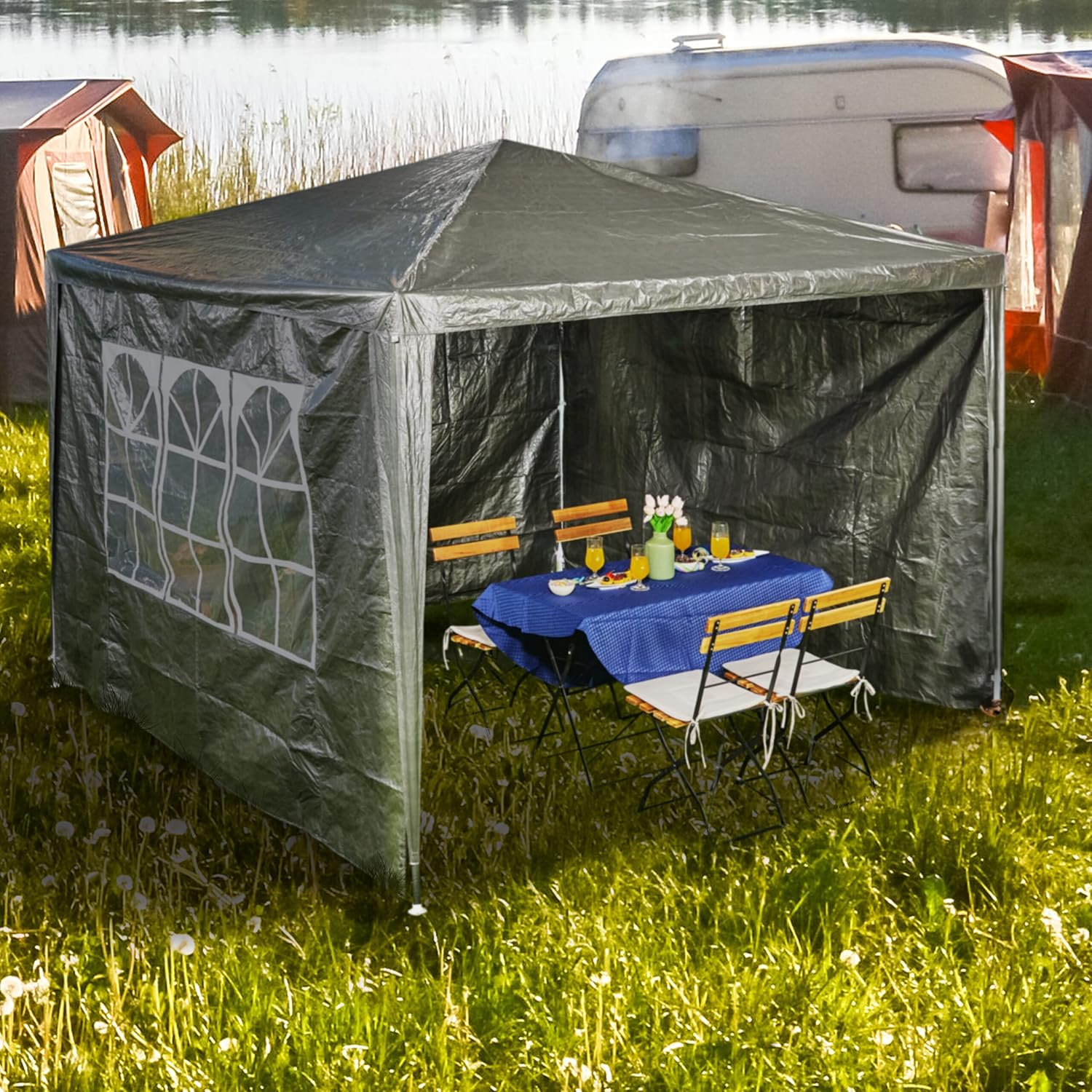 Relaxdays Gazebo Side Panels, 3X Set, 2x3m, Waterproof, Easy Fastener, Roof, Party Tent, Plastic, with Window, Grey, 200 x 300 x 0.1 cm