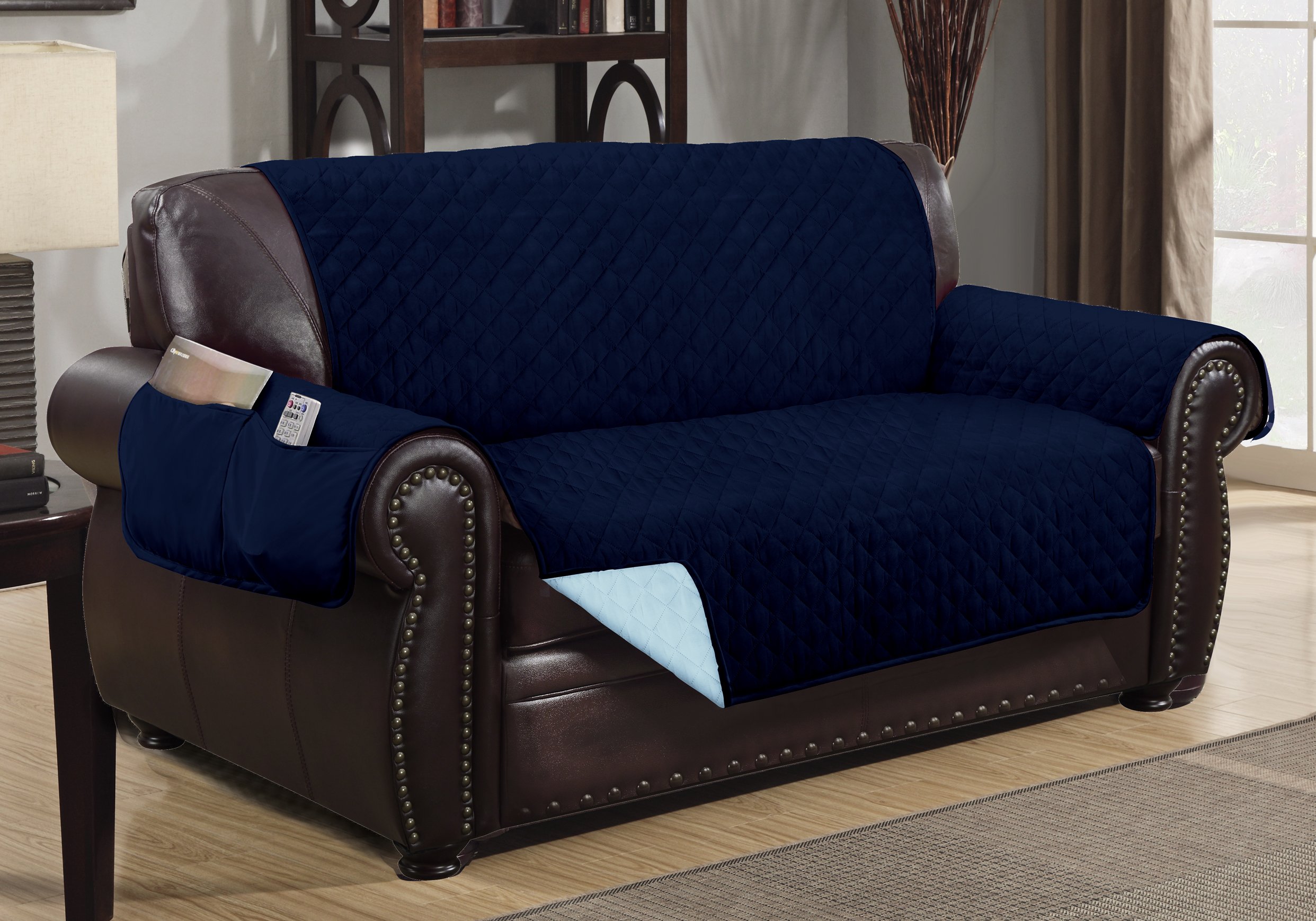 The Original DELUXE HOTEL Reversible and Waterproof Furniture Protector (Loveseat, Navy Blue / Light Blue)