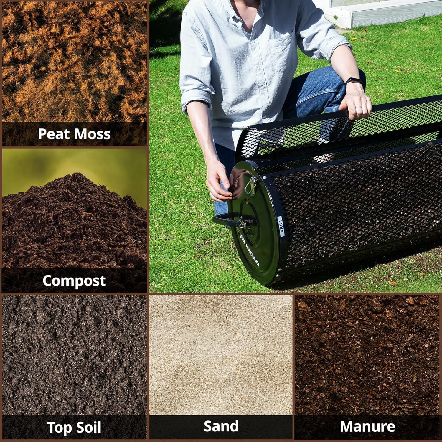 Distribuidor de compost de 36 pulgadas, remolcable, de turba con accesorios de instalación, con rodillo de malla metálica para césped, para tierra vegetal, estiércol, mantillo y abono de cobertura.