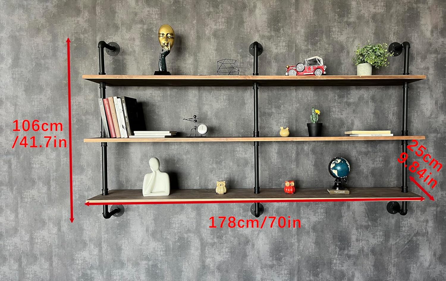floating shelves 70 inch wall bookshelf industrial pipe shelving shelves real wood planks rustic wall shelves hanging bookshelves farmhouse kitchen bar shelving brown 3tier70in