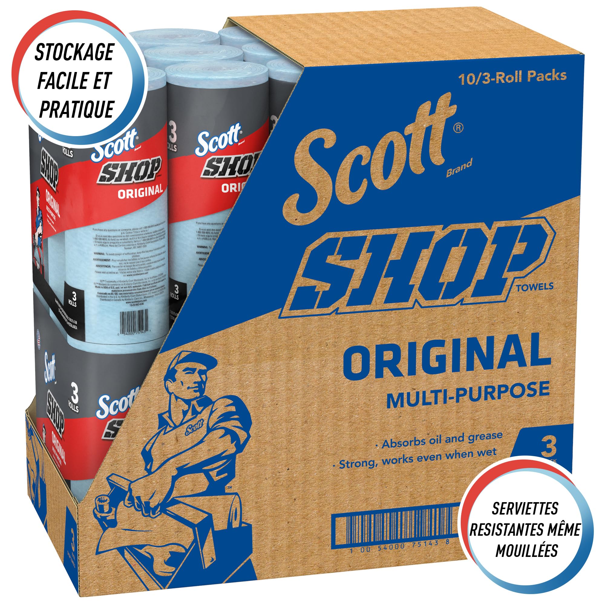 Scott Shop Towels Original 75143, Papier d'essuyage industriel bleu ultra-résistant, Multi-usages, haute absorption, perforé, 10 paquets x 3 rouleaux de 55 feuilles (1 650 essuie-mains au total)