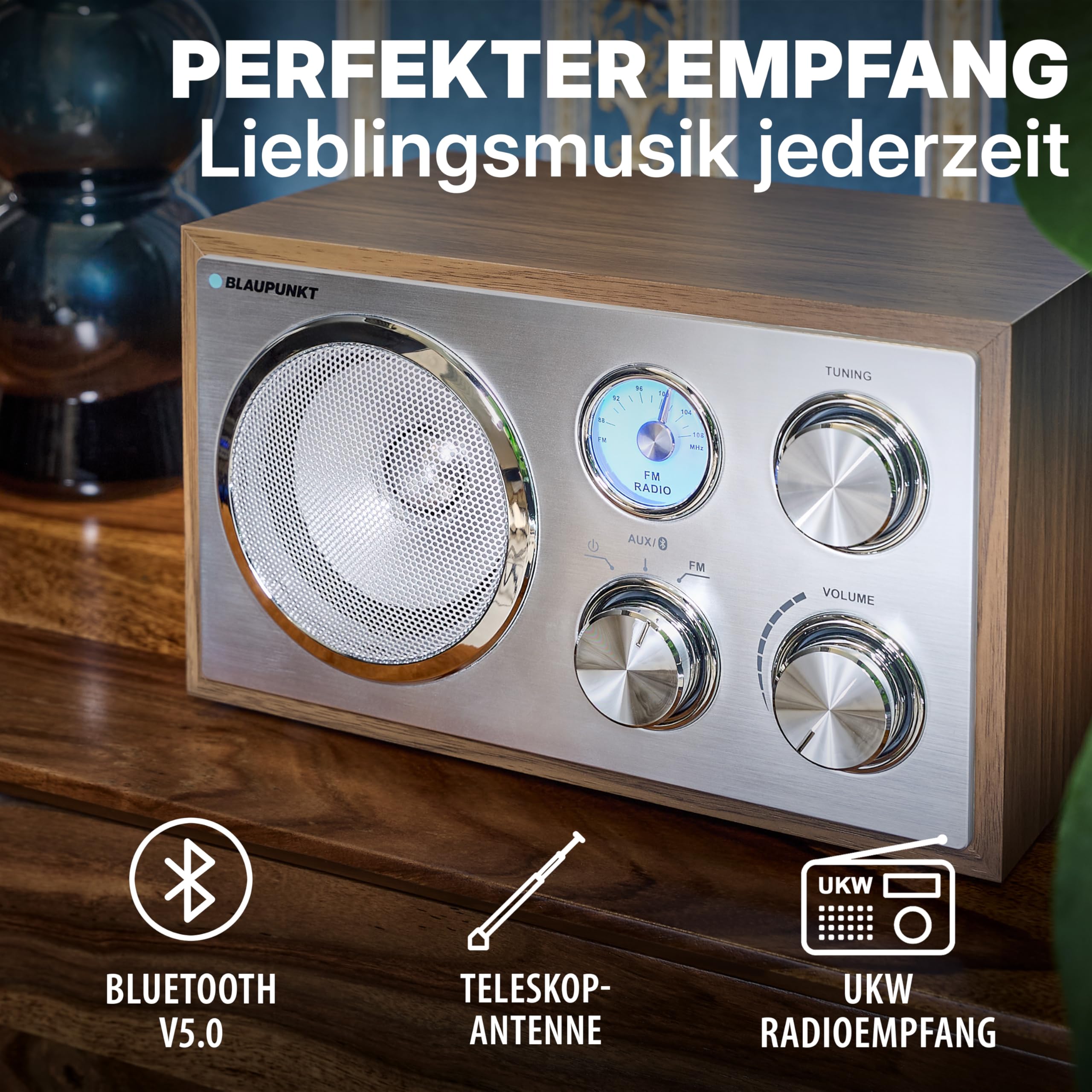 Blaupunkt RXN 180 Nostalgieradio in zeitlosem Holz-Design, mit PLL-UKW-FM-Radio, Bluetooth, AUX-IN, einfache Bedienung, hochwertige Drehregler & Holzkorpus für kraftvollen Klang, Walnuss