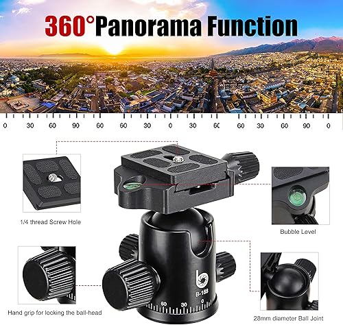 Miniatura 8 de Trípode de 70 pulgadas para cámara, trípode de viaje de aluminio estable, trípode de fotografía con cabeza de bola de 360 grados y bolsa de
