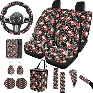 Christmas Holiday Car Seat Covers Full Set, Scarlet Cache Pattern, Water-Resistant, Universal Fit for SUV Sedan Truck, 14pcs Includes Trash Can & Cup Holders