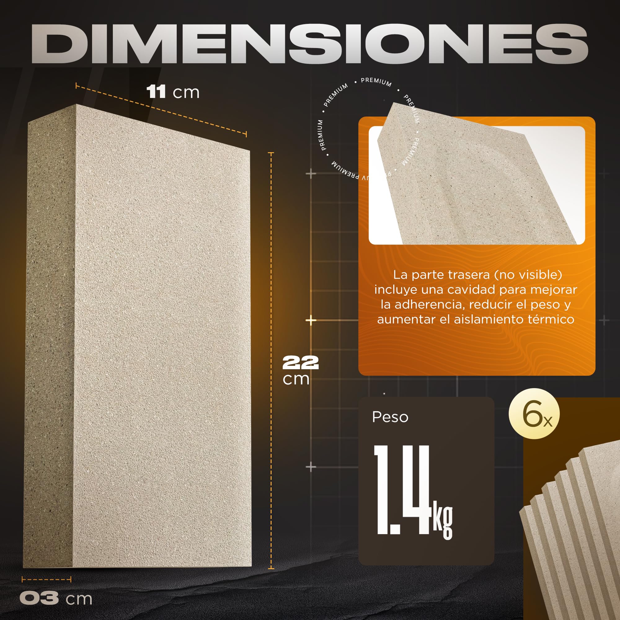 Pack 6 Ladrillos Refractarios 22 x 11 x 3 cm | Fabricados con Arcilla Refractaria | Ladrillo Refractario perfecto para Chimeneas, Hornos y Barbacoas
