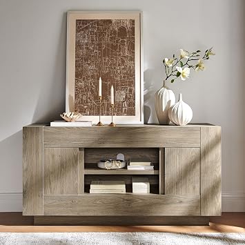 OKD 55" TV Stand for 65" TV, Thick Block Media Console, Alder Grey | Open Storage, Side Cabinets, Soft Close Door, Cable Management, Modern Entertainment Center for Living Room, Bedroom