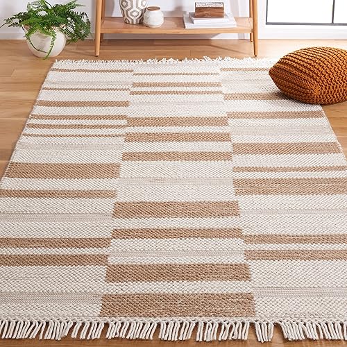 SAFAVIEH Natura Collection - Alfombra de área de 5 x 8 pies, marfil y marrón claro, hecha a mano moderna de lana con flecos, ideal para zonas de