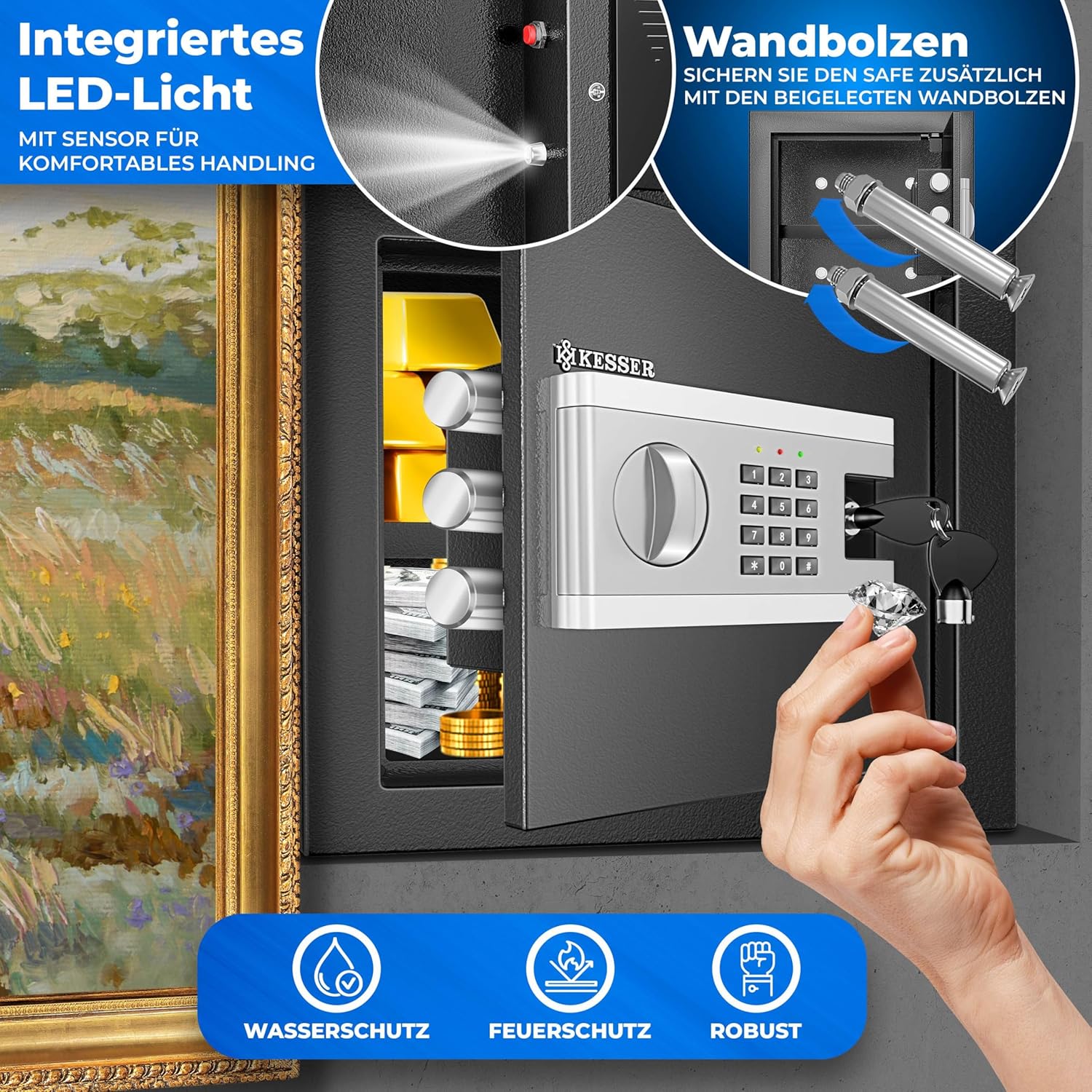 KESSER Electronic Safe | 35 x 25 x 25 cm | With Battery Box | Electronic Safe | 3 x Double Bolt Lock | Floor Wall Safe | Furniture Safe | Lighting