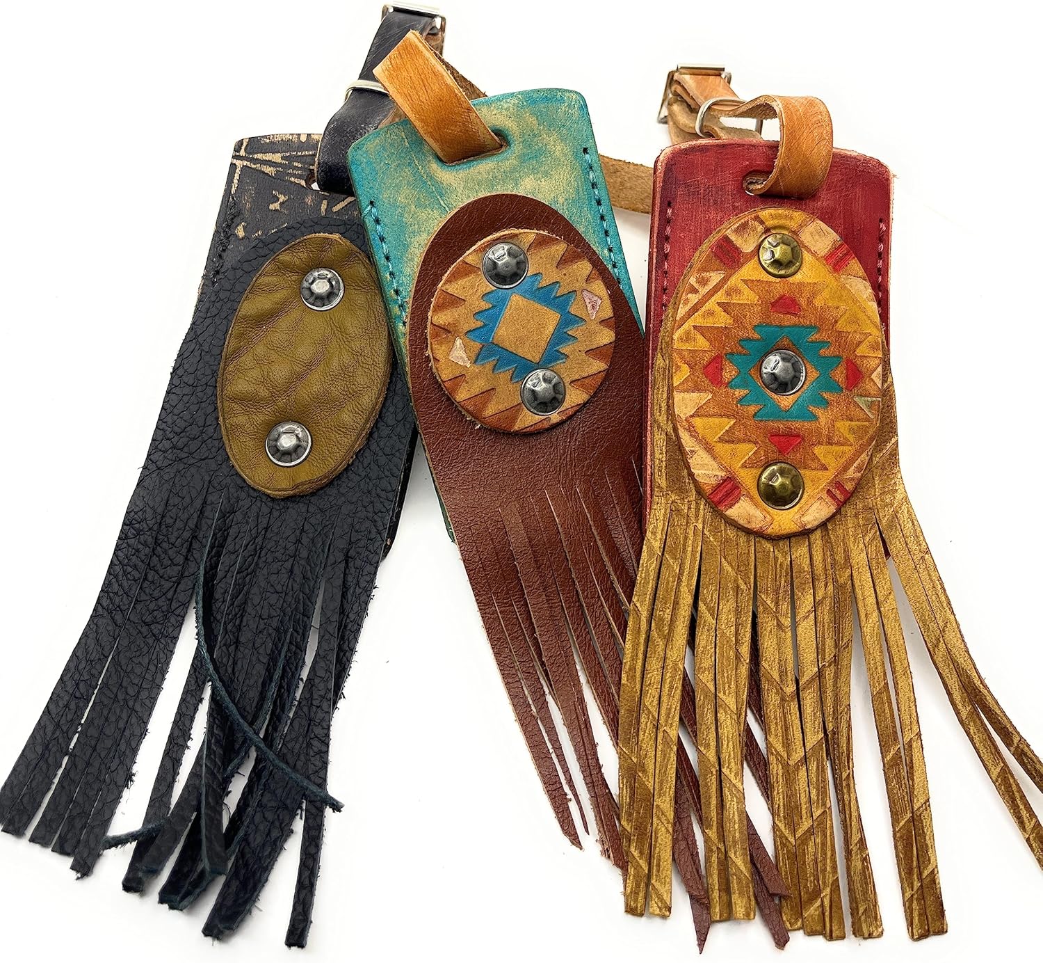 Boho Rustic Fringe Southwest Leather Luggage Tag (Black & Tan)