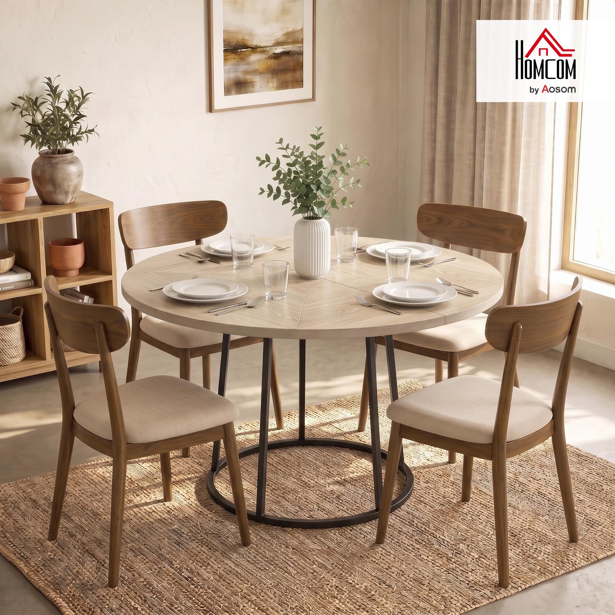 HOMCOM Mesa de Comedor Redonda para 4-6 Personas, 120 cm, Estilo Industrial Moderno, Tablero Empalmado y Base metálica cónica, Madera Natural