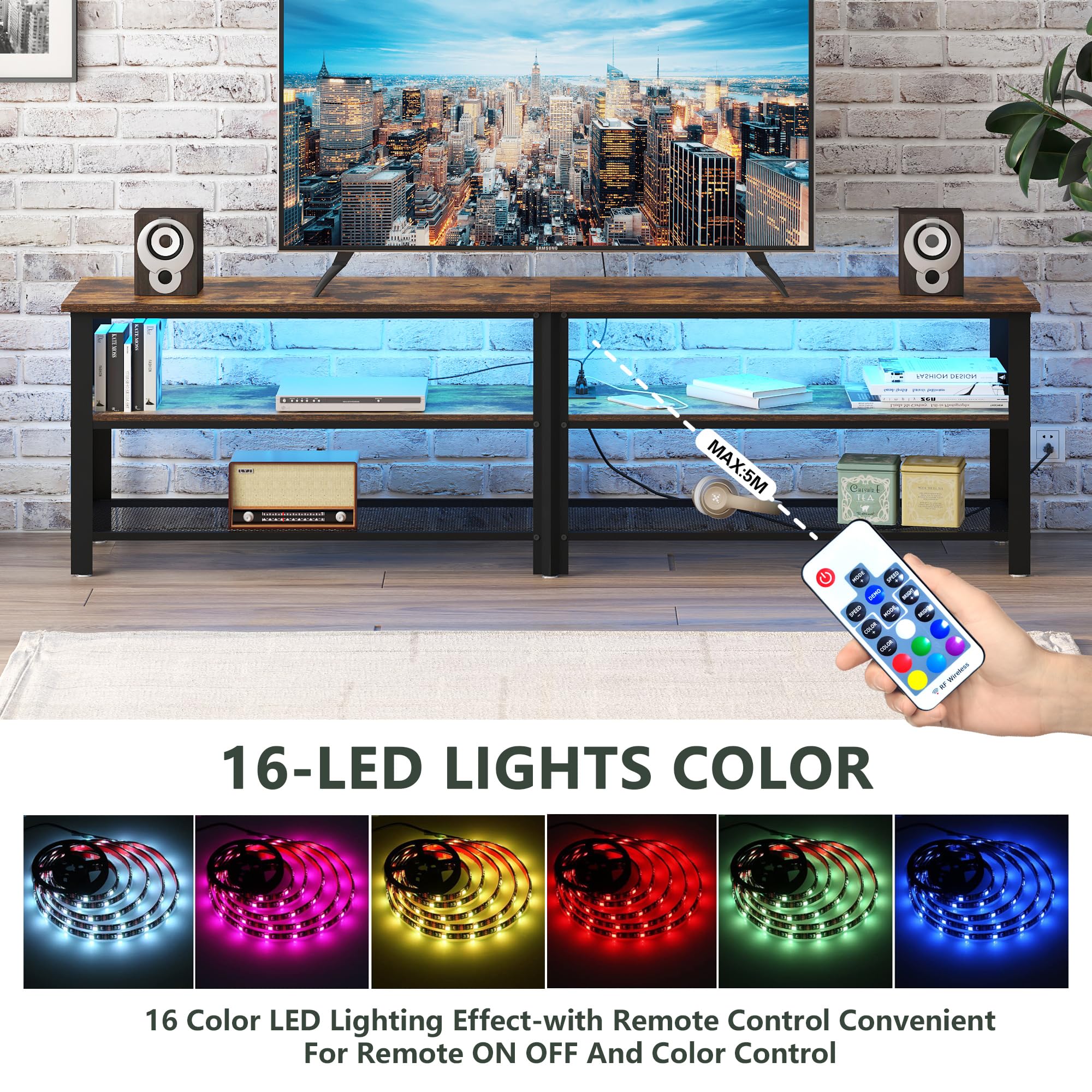 Moderno soporte de TV de metal marrón de 71 pulgadas con luces LED y tomas de corriente para televisores de 50, 60, 65, 70, 75, 80 pulgadas, soportes de televisión de 3 niveles con centro 3
