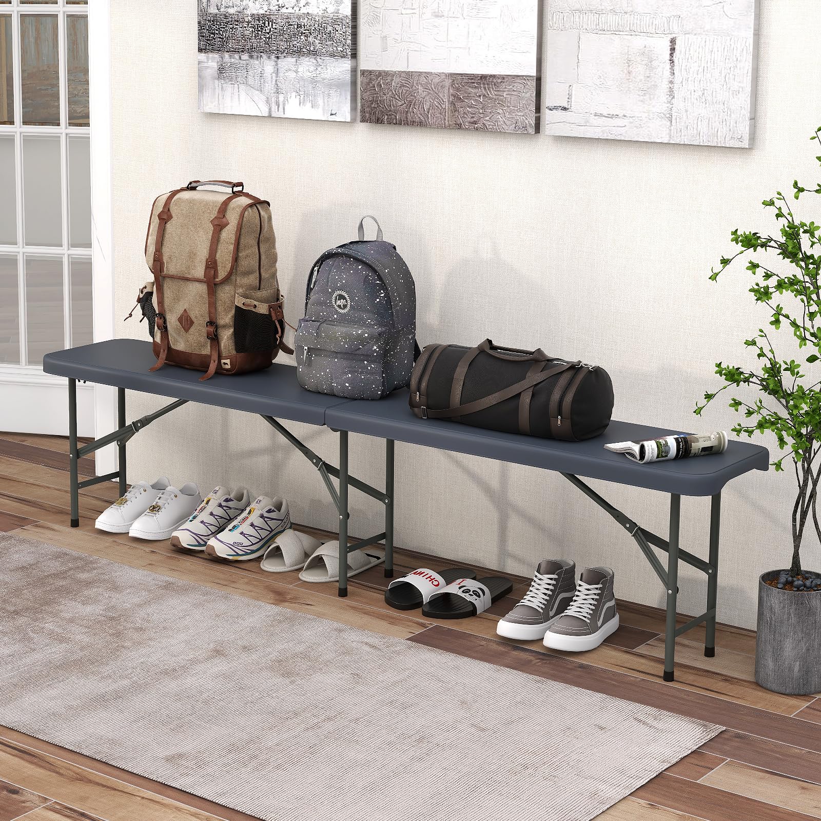 GOPLUS Banco Plegable Portátil para 4 Personas, Asiento Exterior Interior con Asa de Transporte, Banco Jardin Impermeable para Deportes Picnic Fiesta Camping Barbacoa (180x30x43 cm,Gris)