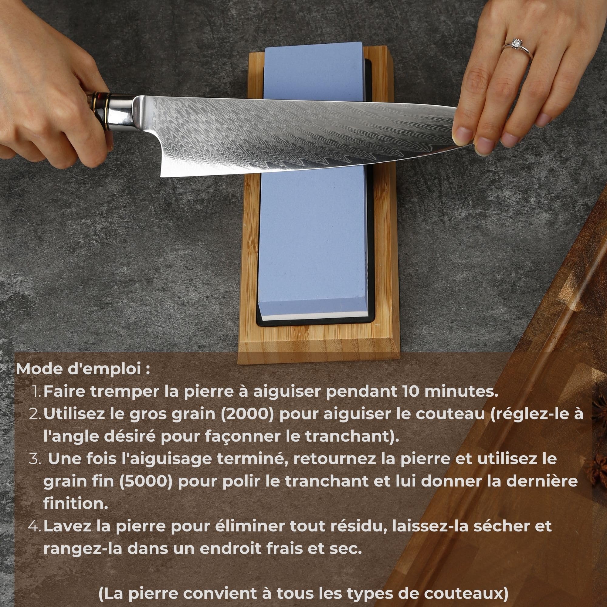 Set de couteaux de cuisine professionnel en acier damas avec pierre à aiguiser Japonaise. Couteau japonais professionnel (pierre a aiguiser japonaise inclus) idéal pour tout chef (5 set)
