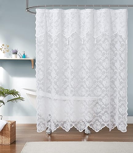 LinenZone Cortinas de ducha de encaje de 72 x 72 pulgadas con cenefa adjunta y borlas. La cortina de ducha de tela de encaje es ideal para