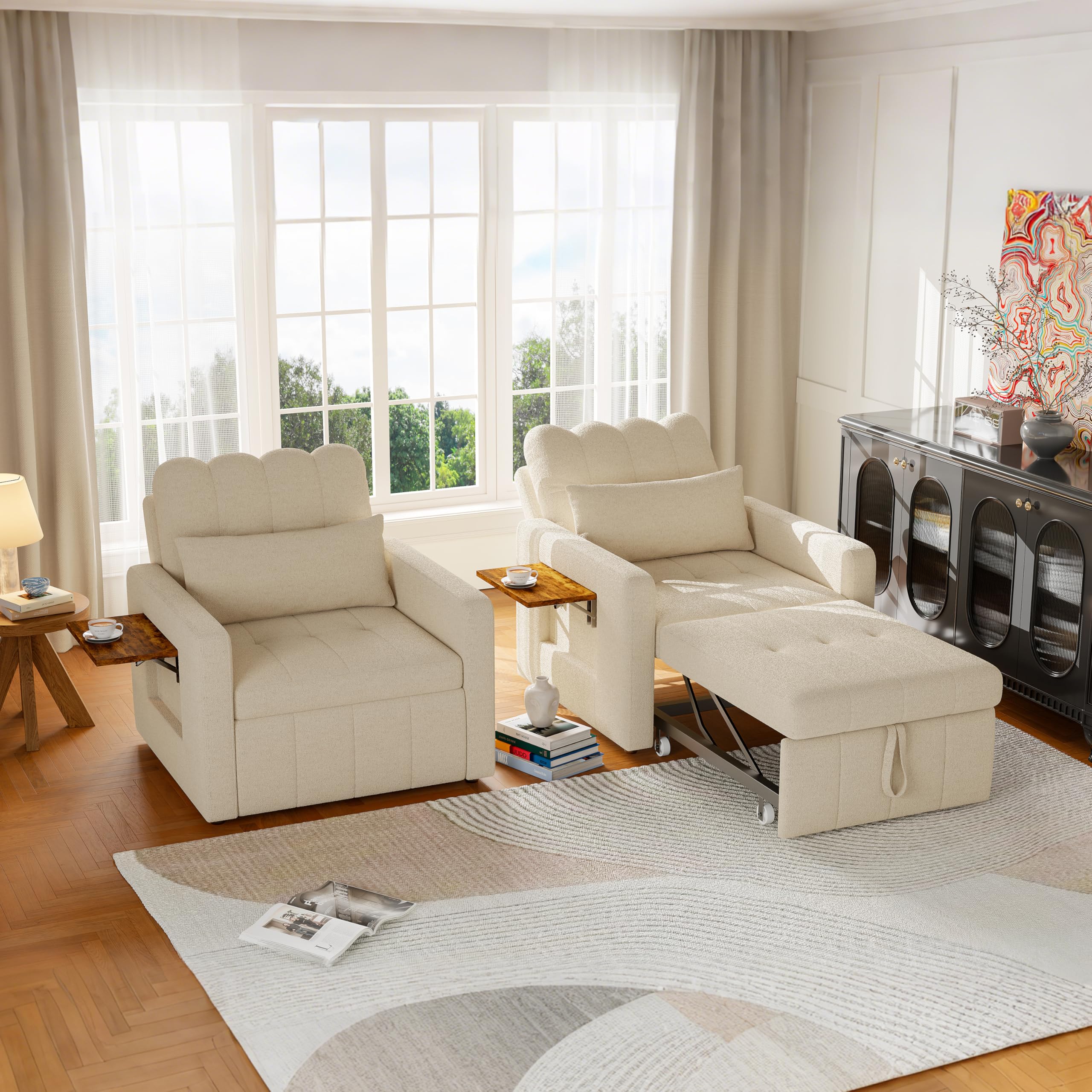Sillón 3 en 1 convertible, sillón cama con función de cama, sillón ajustable con cojín y bolsillo lateral, sillón con función de dormir para apartamentos pequeños (beige, silla 3 en 1)