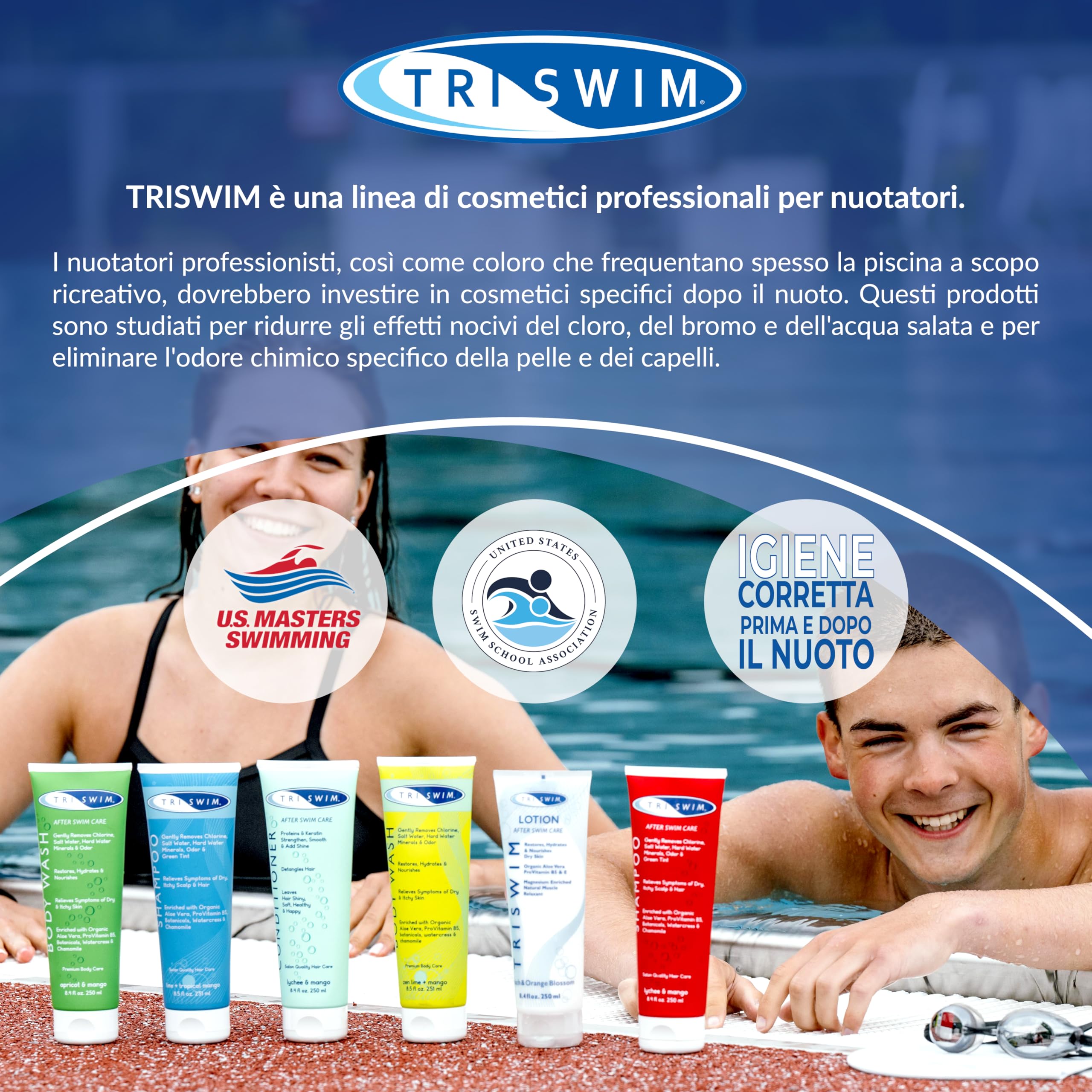 TRISWIM - Premium Set Da Viaggio Dopo Aver Nuotato Per La Rimozione Del Cloro, Bagnoschiuma, Shampoo Idratante, Lozione Corpo Anti Cloro, Balsamo Capelli Per Nuotatori (4x90ml)
