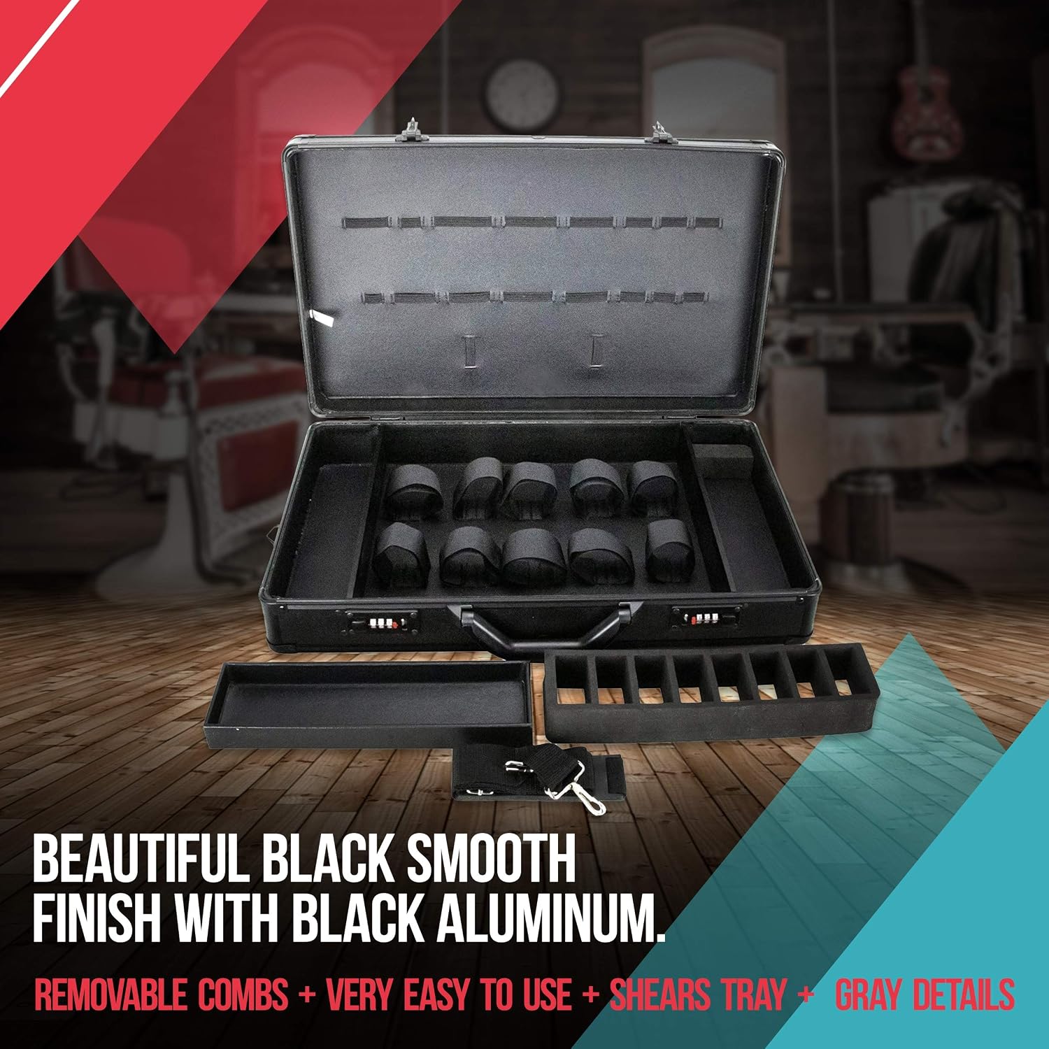 Professional Barber Stylist secure Lock Attached Carrying Portable Travel Case Organizer Storage Clipper Trimmer Blade Shears Comb Display Tool Box