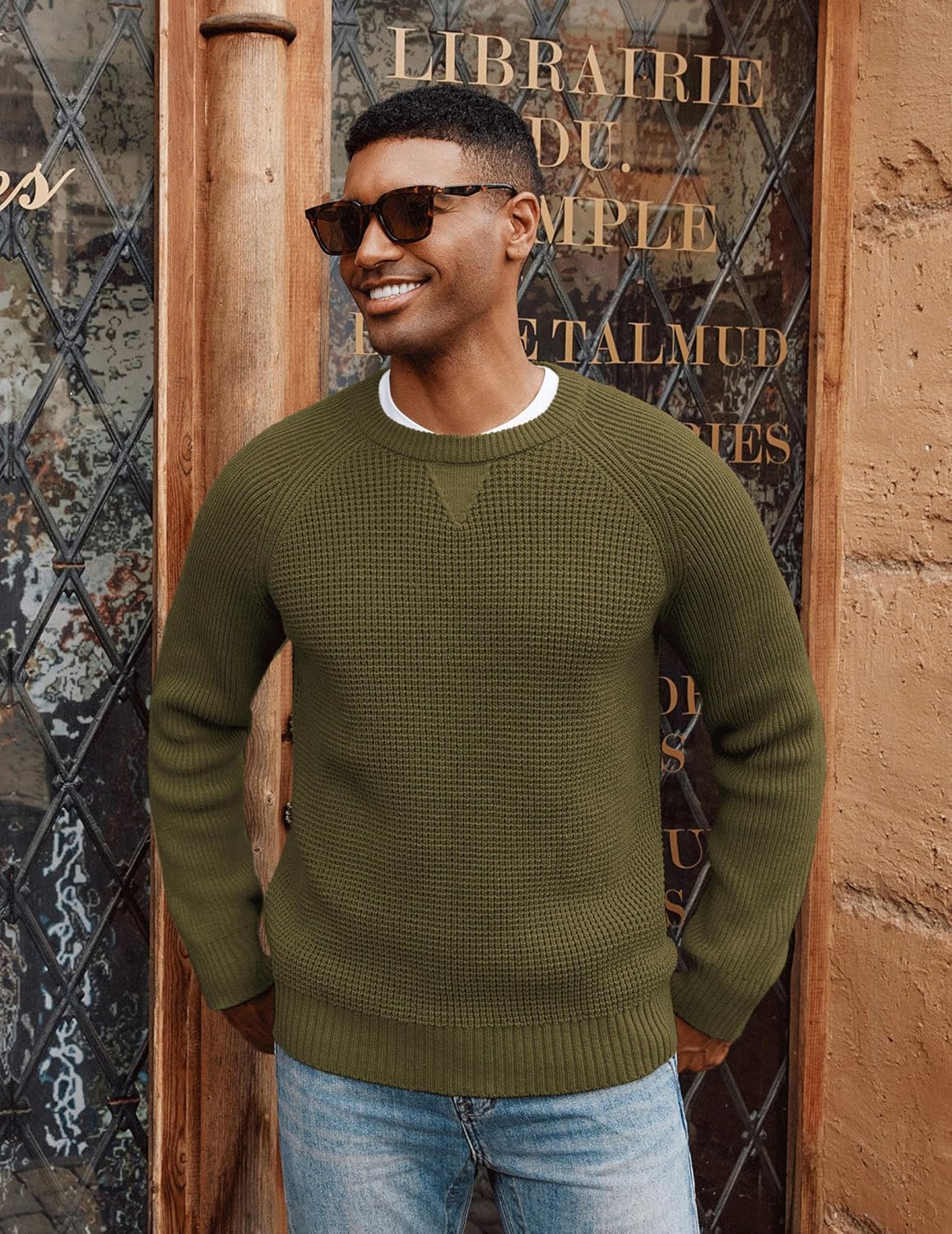 PJ PAUL JONES Mens Crewneck Sweater Waffle Knitted Pullover Sweaters Raglan Sleeve Knitwear Sweaters - Image 3