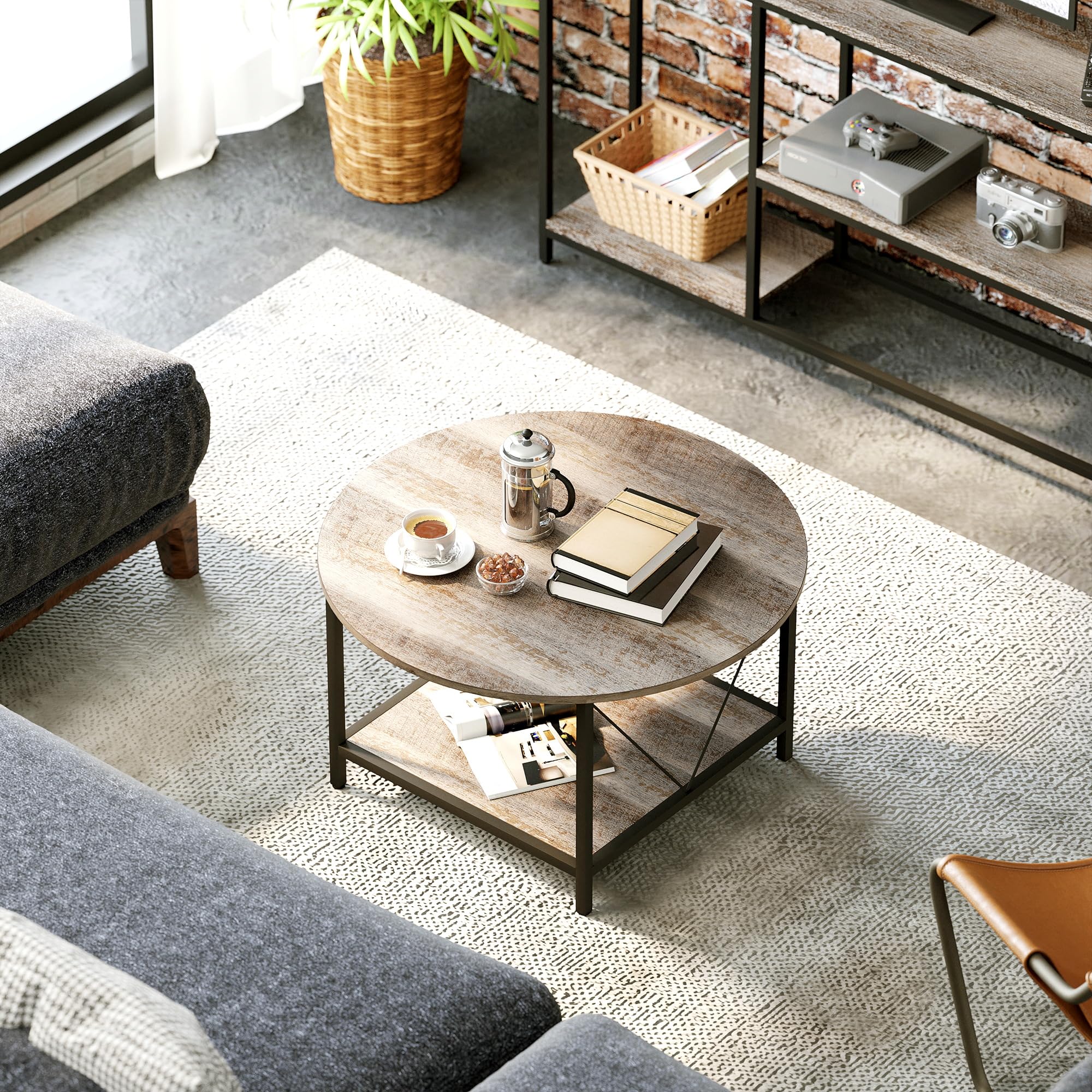 YITAHOME Couchtisch, Wohnzimmertisch 2-stöckiger, Holz Couchtisch Rund 80X80X46cm, Couchtisch mit Stauraum für Couch Schlafzimmer,Stabiler Metallrahmen