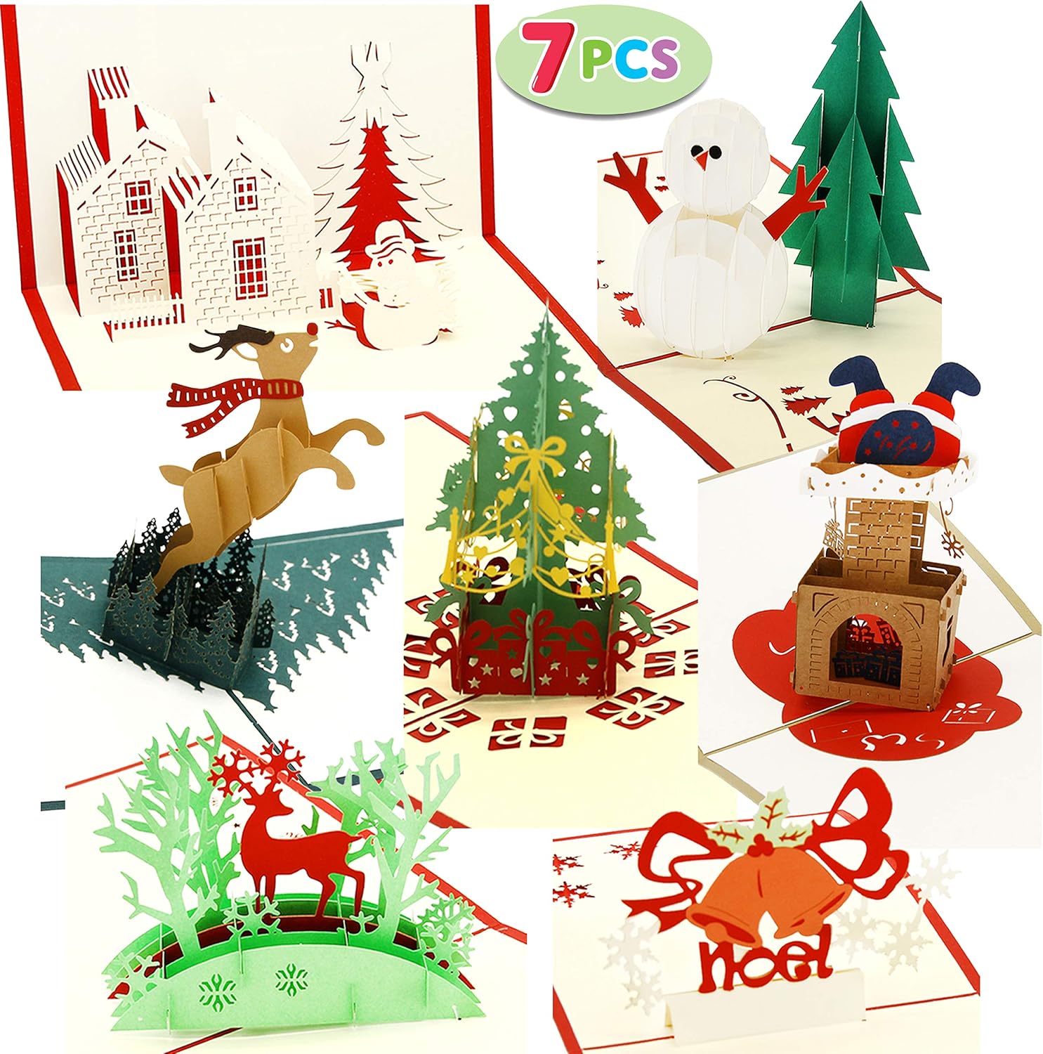 JOYIN Pack of 7 Pop-up 3D Christmas Greeting Cards Unique Designs & Envelopes 6" x 6" for Winter Christmas Season, Holiday Gift Cards, Christmas Gifts Cards.