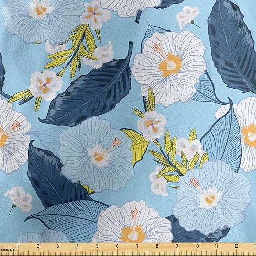Ambesonne Floral Fabric by The Yard, Botanical Theme Blooming Flowers and Leaves Pattern Spring Art, Decorative Satin Fabric for Home Textiles and