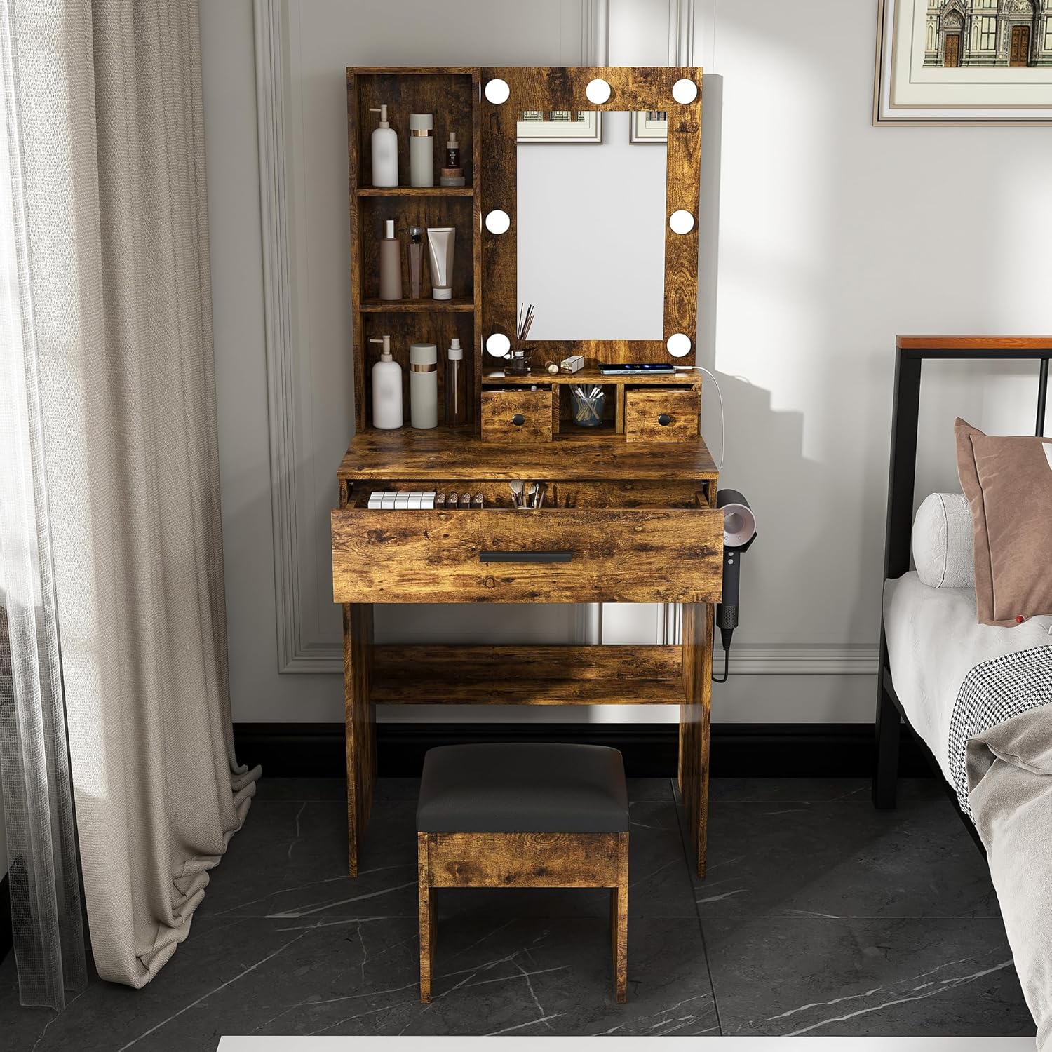 Small Vanity Desk with Mirror and Lights, Compact Makeup Vanity with Power Strip & Hairdryer Holder, Dressing Table Set with Stool, Drawers & Shelves
