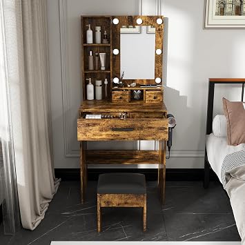 Montary 23.62" Small Makeup Vanity Table with Mirror & Adjustable LED Lights, Power Outlet, Hairdryer Holder & Stool Compact Dressing Desk for Small Space BedroomsVintage Brown