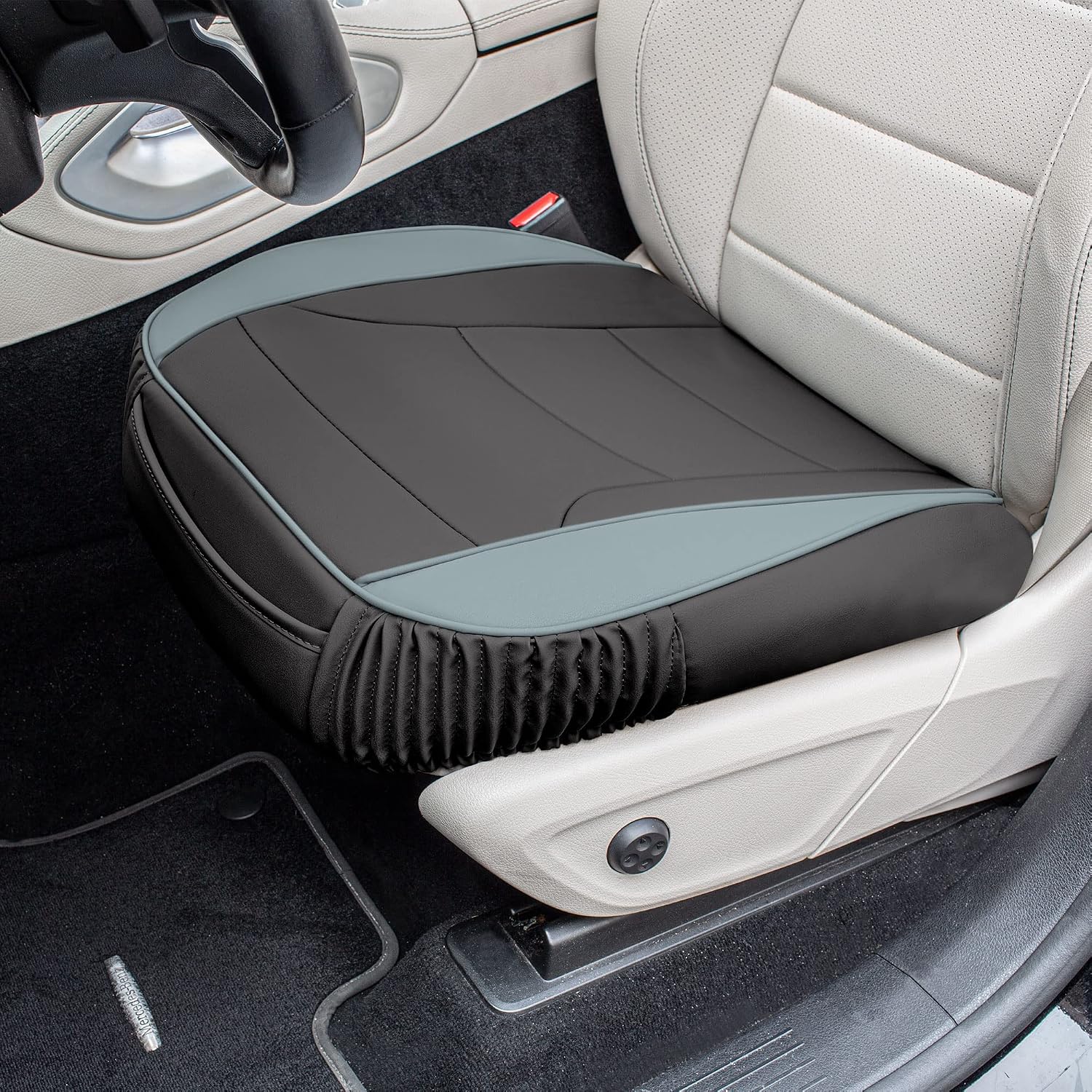 FH Group Car Seat Cushion – Durable PU Leather Car Seat Cushions, 2 Piece Front Set Car Seat Cushion, Bottom Seat Protector, Water Resistant Car Seat Cover for Sedan, Truck, SUV Gray Black