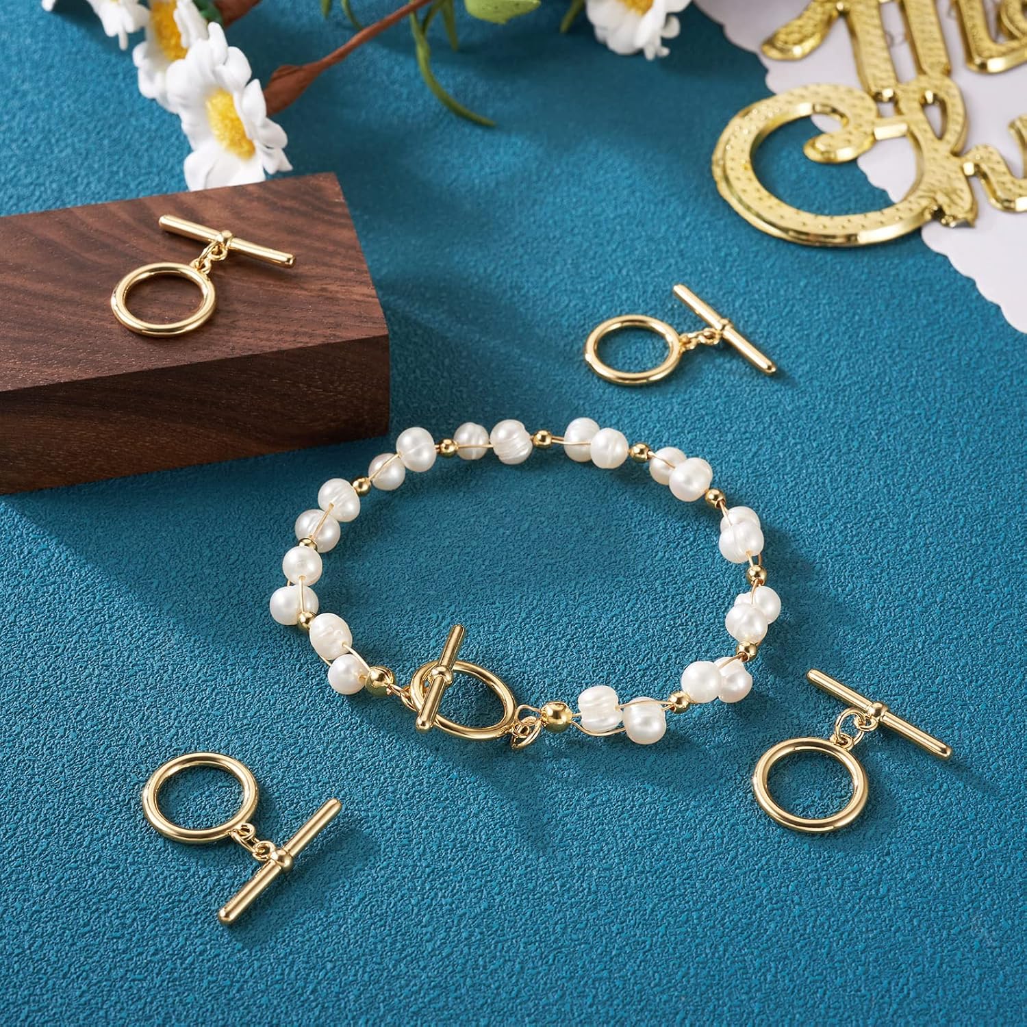 Craftdady 5 Set 18K Gold Ring Toggle Clasps T Bar & Hollow Round Buckle Closure End Clasps for DIY Bracelet Necklace Jewelry Making, 16.5x14mm - Image 4