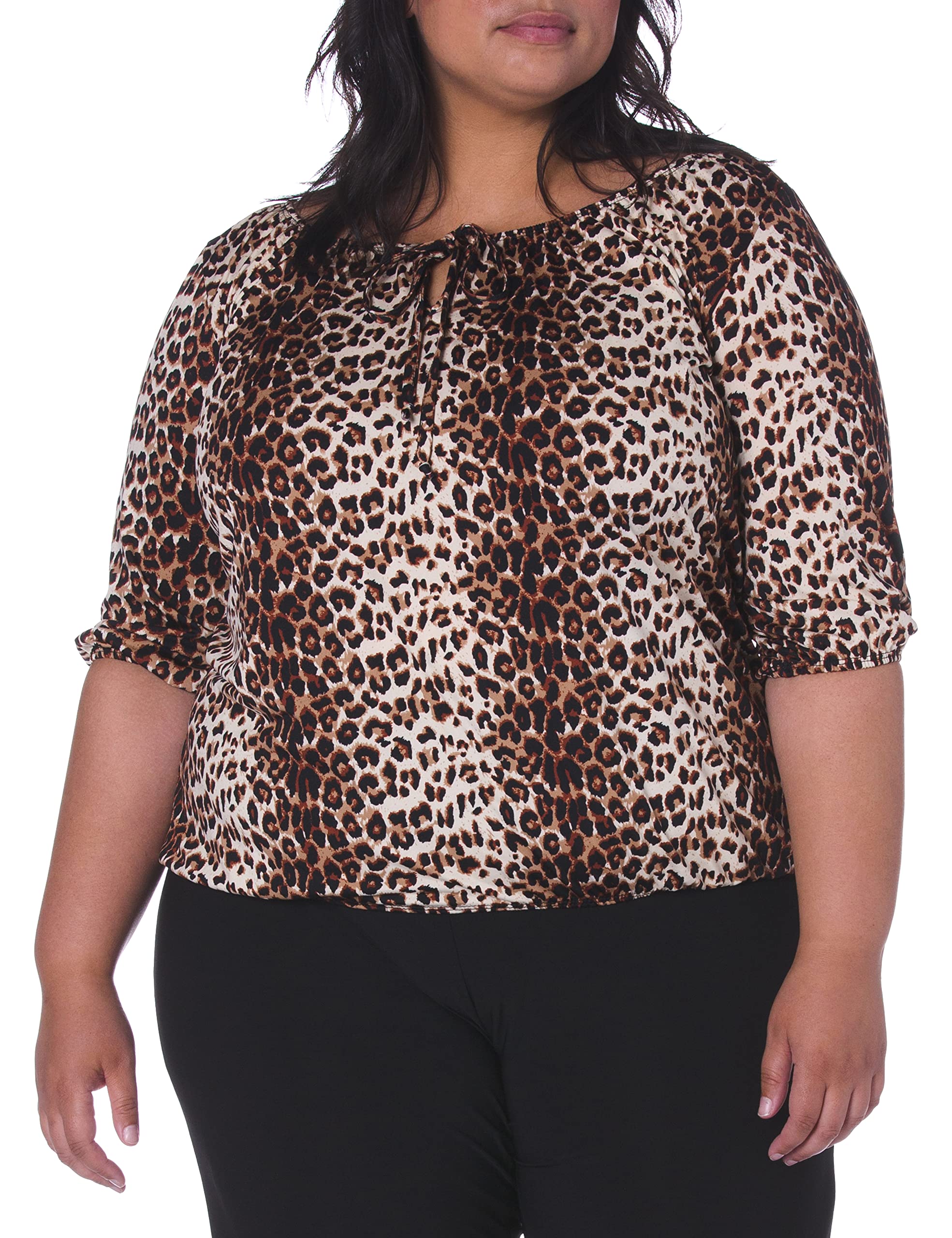 Star Vixen Women's Elbow-Sleeve Peasant Top with Keyhole Tie - Multi - Medium