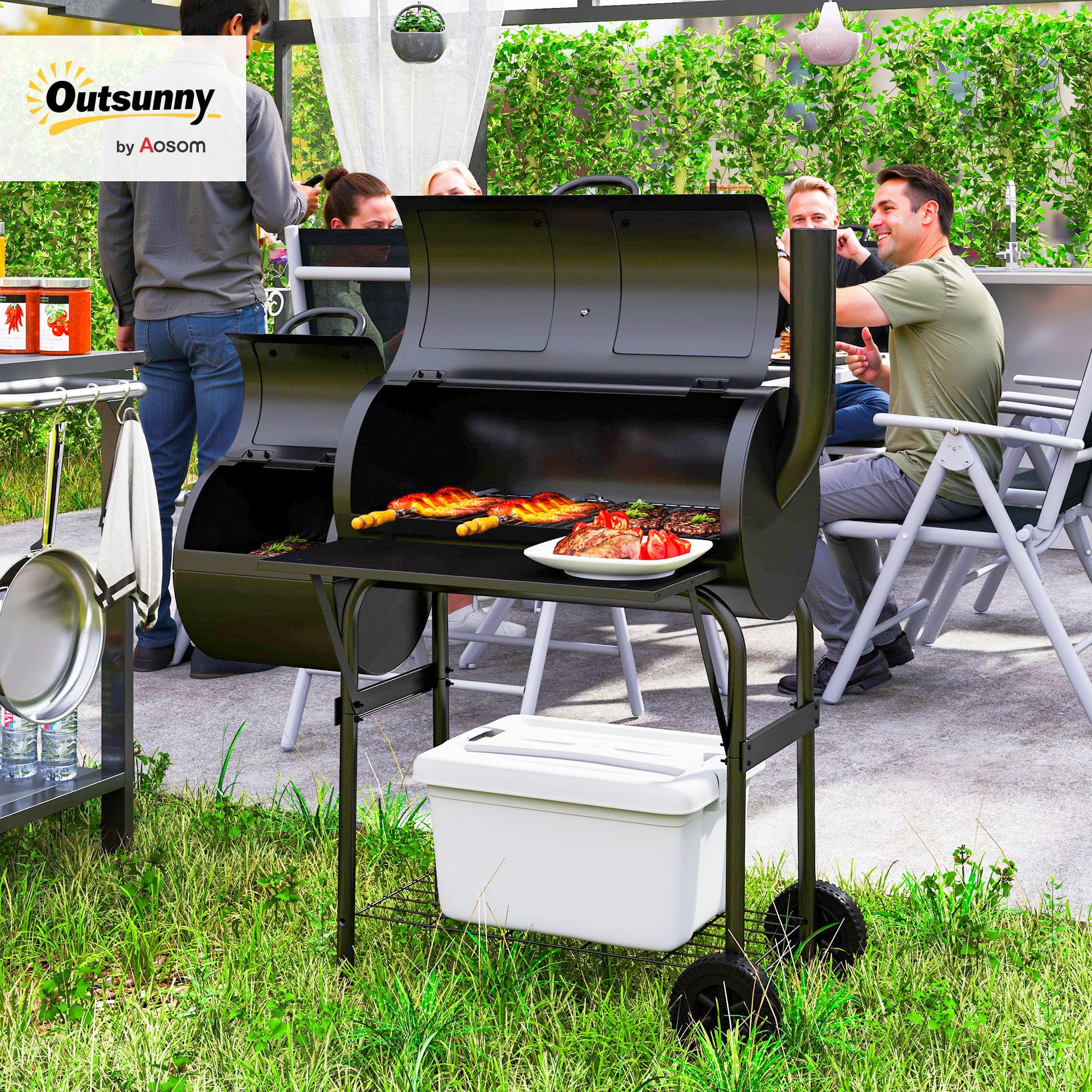 Outsunny Grill na węgiel drzewny ze stali, BBQ Smoker z pokrywką, termometr, kółka, wózek na kółkach z dopływem powietrza, pojemnik na węgiel węglowy, na kemping, do ogrodu, 109 x 60 x 120 cm