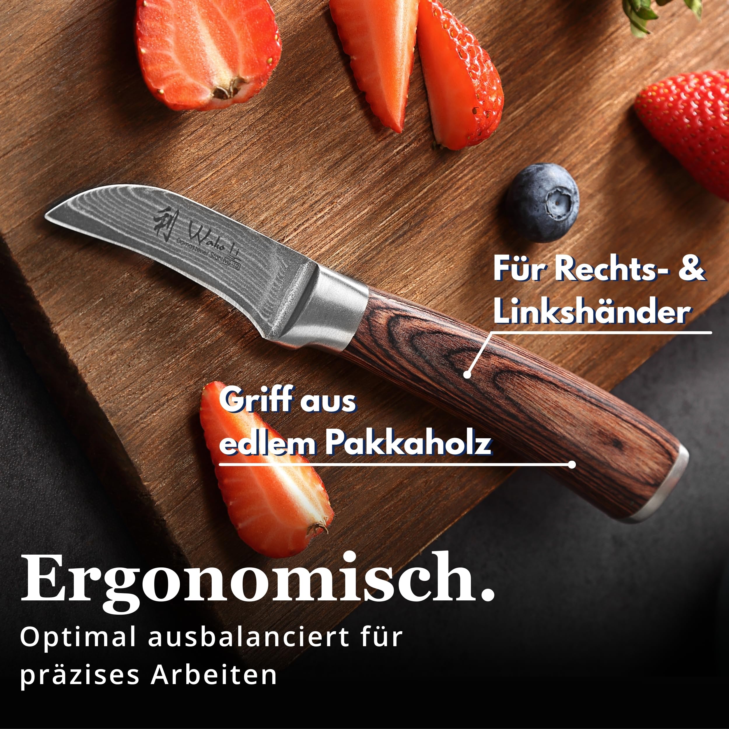 Wakoli EDIB Schälmesser Damaststahl VG10 Kern 6 cm gebogene Klinge Pakkaholzgriff Geschenkbox