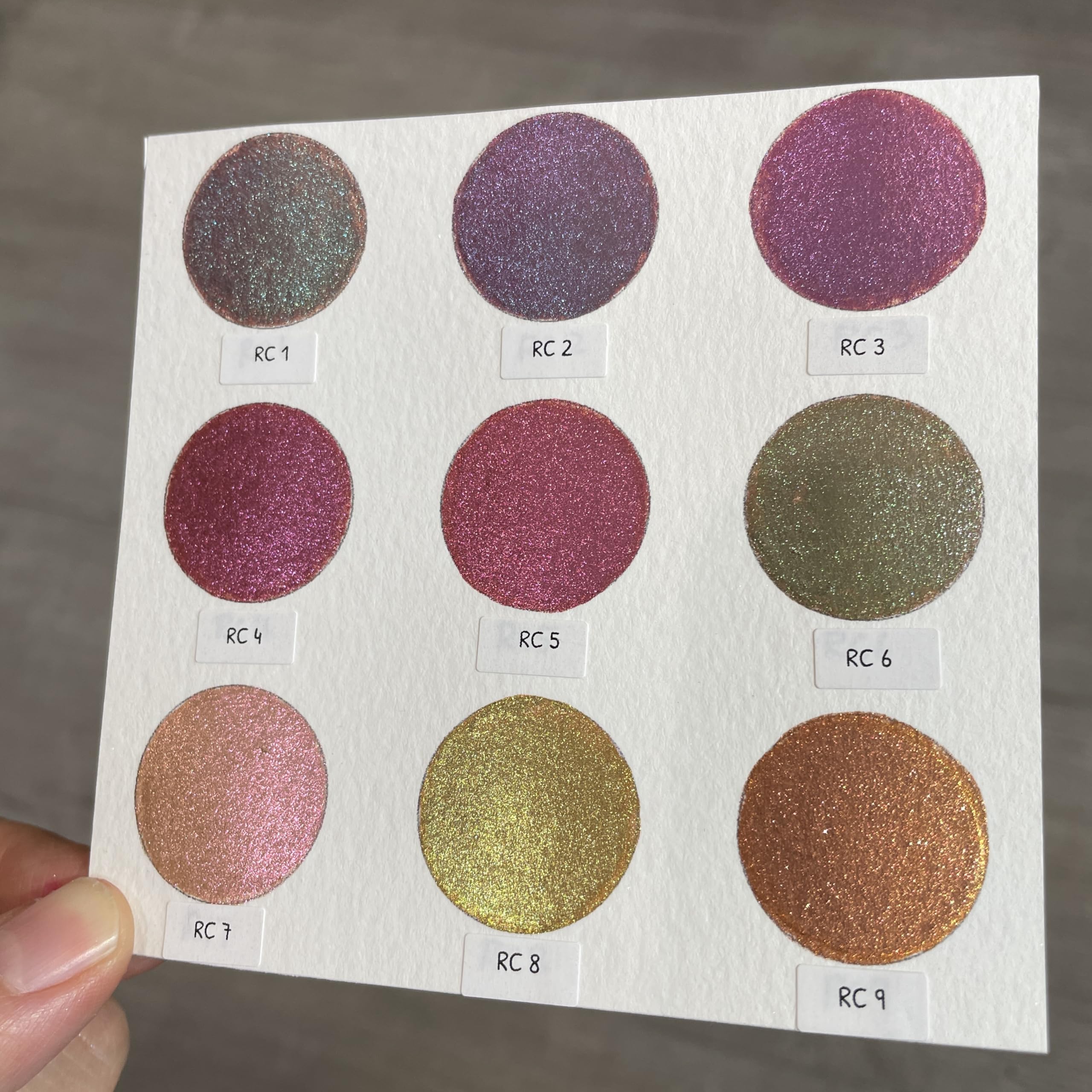 IUILE Ręcznie robione farby akwarelowe, testery kart kropek - karta RC Dot Card (9 kolorów). zmiana kolorów, metaliczny, błyszczący, połyskujący. Dla artystów, ilustratorów, studentów, hobbystów,