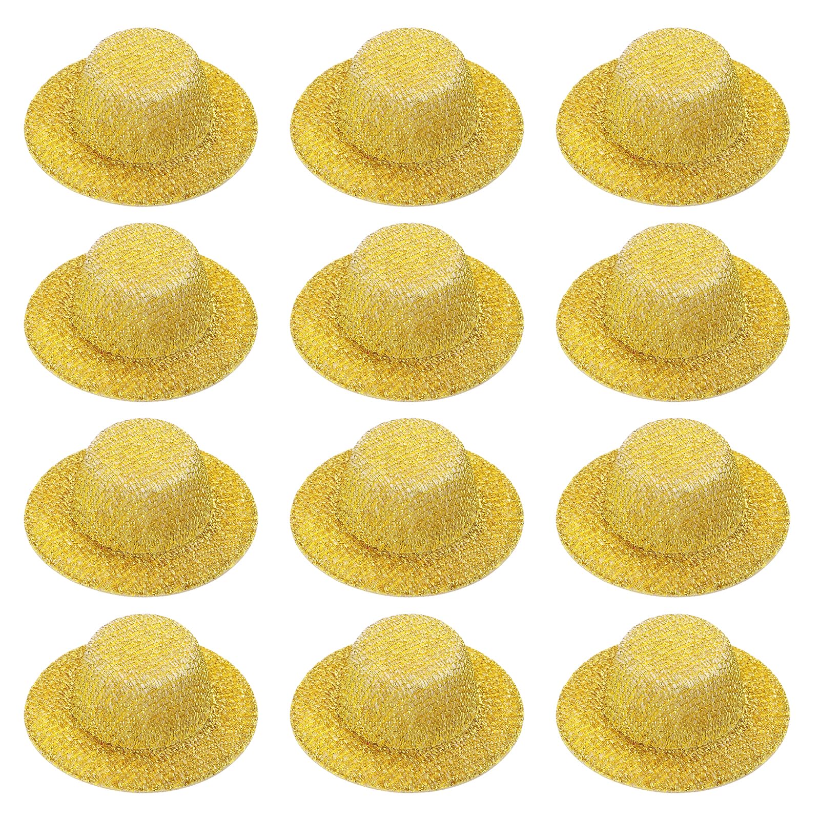 PATIKIL Mini Hats for Crafts, 12 Pcs 18mm ID Sparkling Mini Cowboy Hats Miniature Formal Top Caps for DIY Dollhouse Decoration Hair Accessories Snowman Weddings Party, Gold
