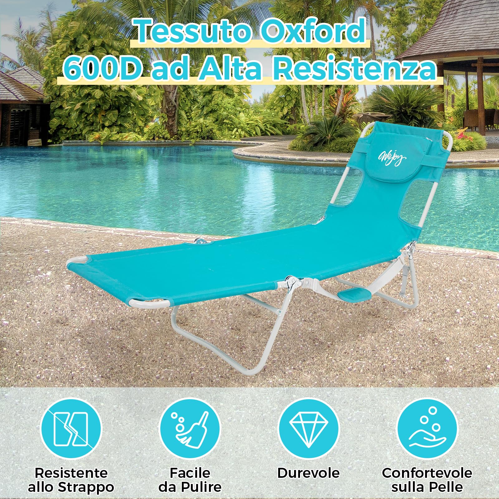 #WEJOY Lettino Prendisole Pieghevole con Foro per Lettura, Sedia a Sdraio Regolabile in 5 Posizioni, Lettino da Giardino Leggero con Poggiatesta, Lettino per Spiaggia Terrazza Piscina Campeggio