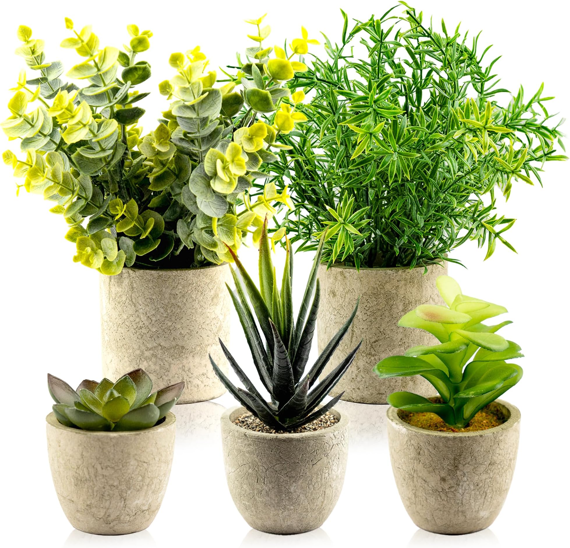 Decorative Artificial Plants in Pots Set of 5 - Small Plastic Fake Plants Indoor with Pot - Eucalyptus Rosemary Succulents Mini Faux Plants for Wall Desk Bedroom Decoration