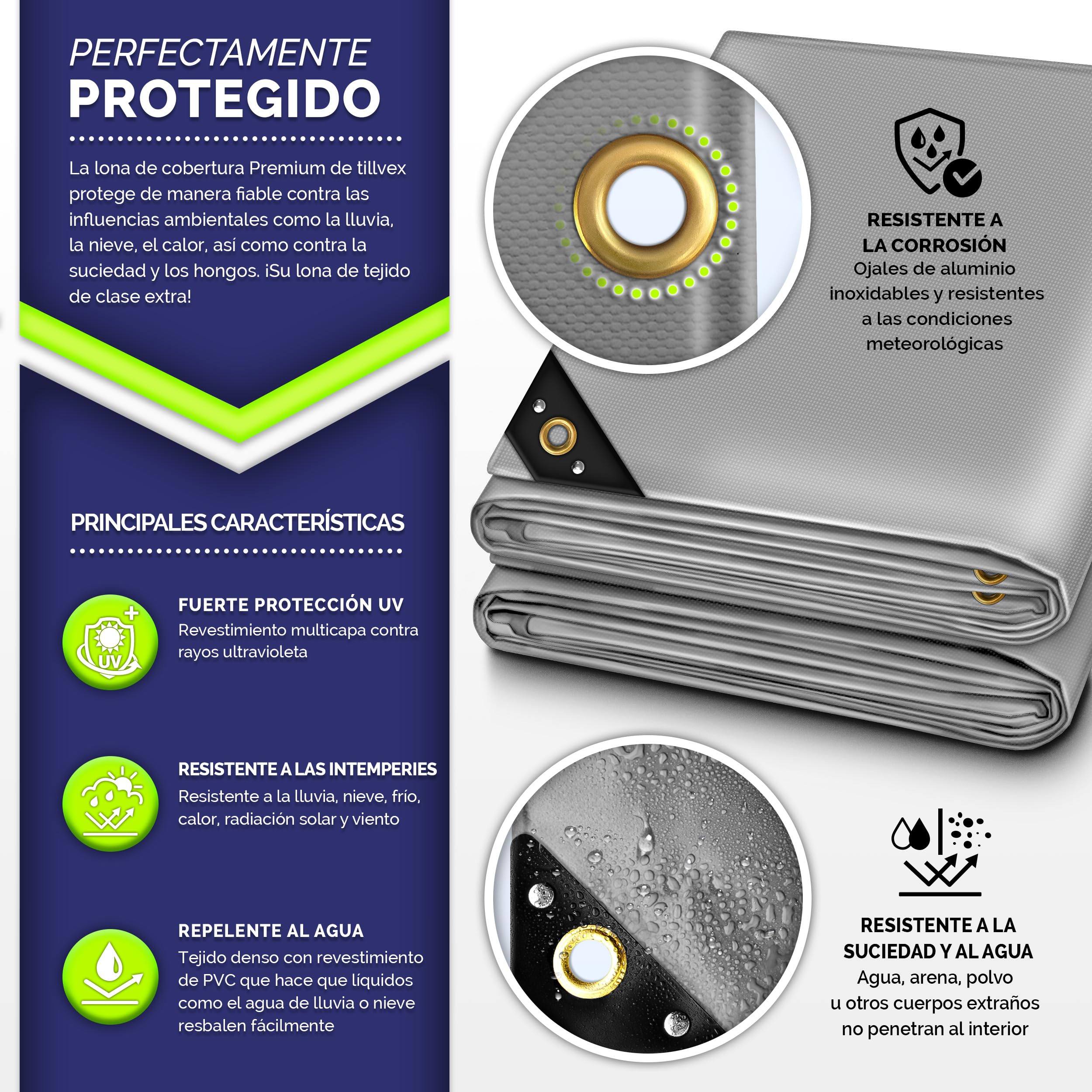 tillvex® Lona con Ojales + 10 Ganchos y Cuerda de 15 m, Lona de 650 g/m² Exterior, Impermeable y al desgarro, Lona de PVC Universal para Camiones, Piscinas, Muebles de jardín, Cubierta Madera,