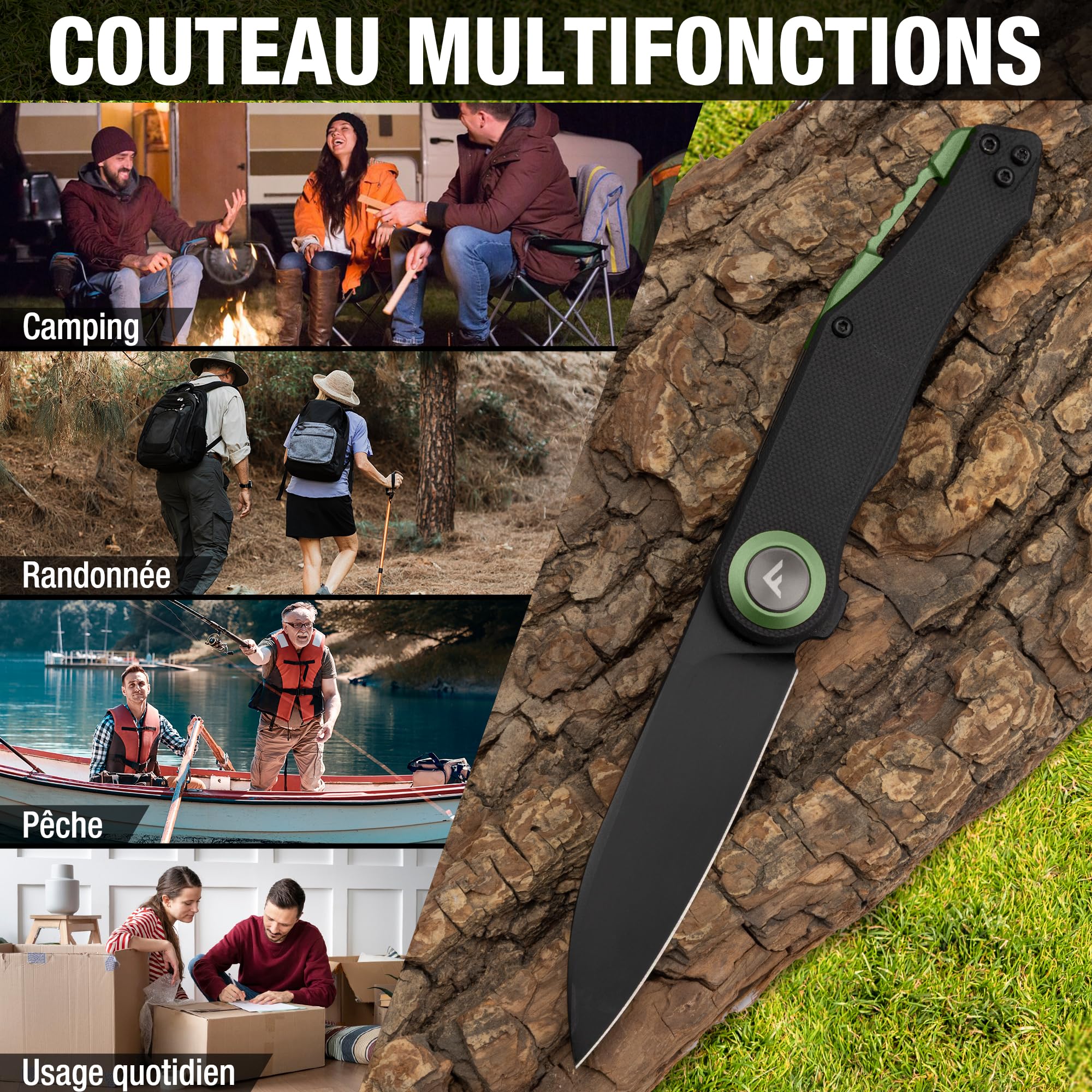 FLISSA Couteau Pliant EDC en Acier D2 avec Manche G10 Noir et Accents Vert Olive, Couteau Compact à Lame Noire 8 cm pour Camping, Randonnée et Usage Quotidien